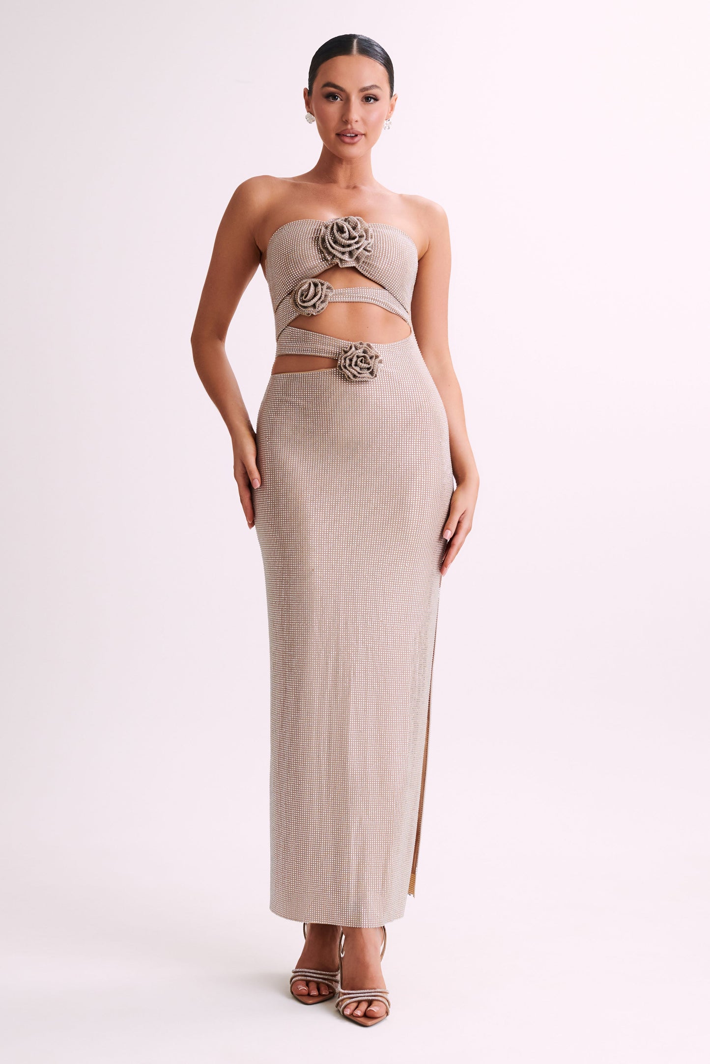 ROF Stassie Straplez Rose Diamante Maxi Elbise - Ten Rengi