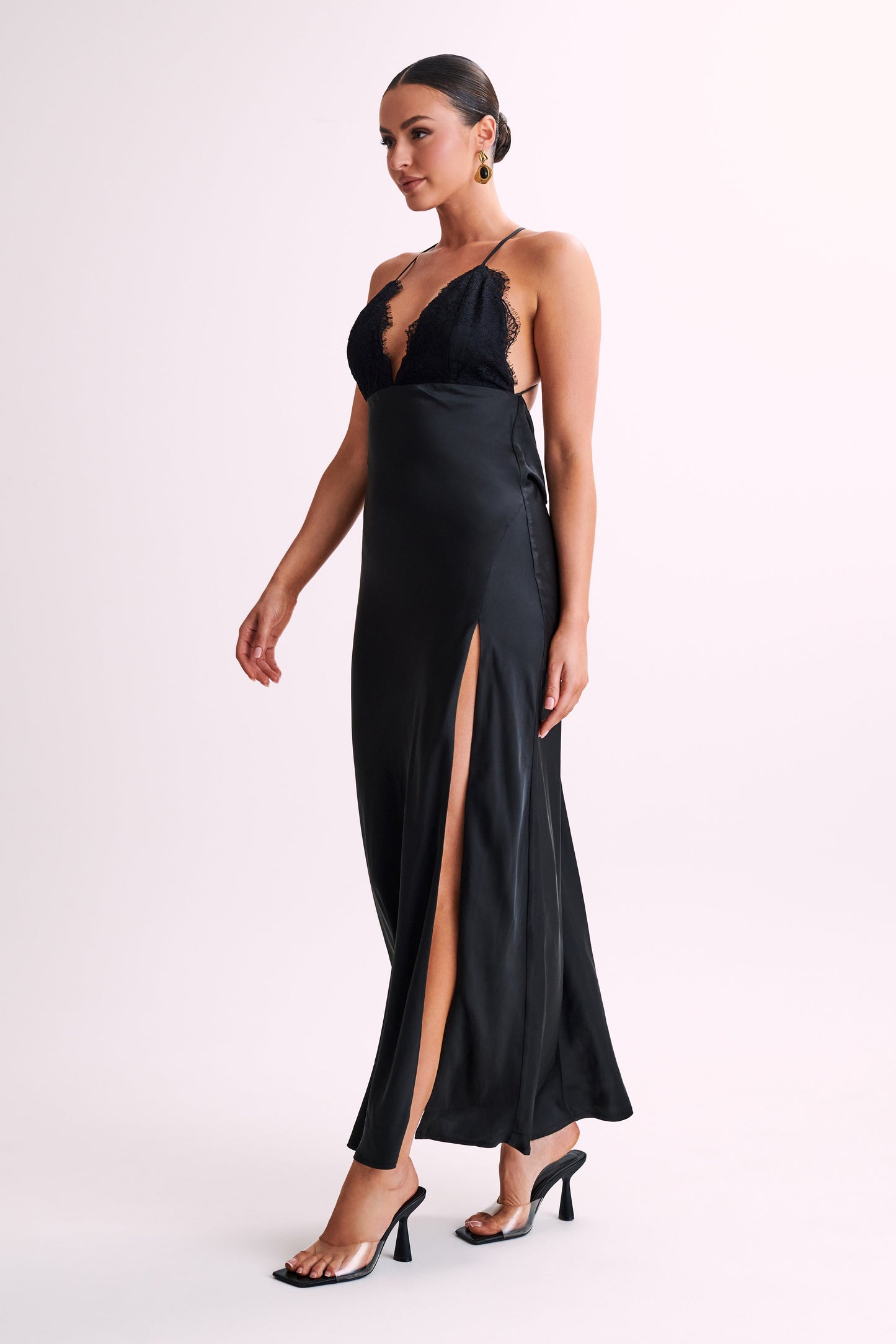 ROF Gina Saten Slip Uzun Elbise - Siyah