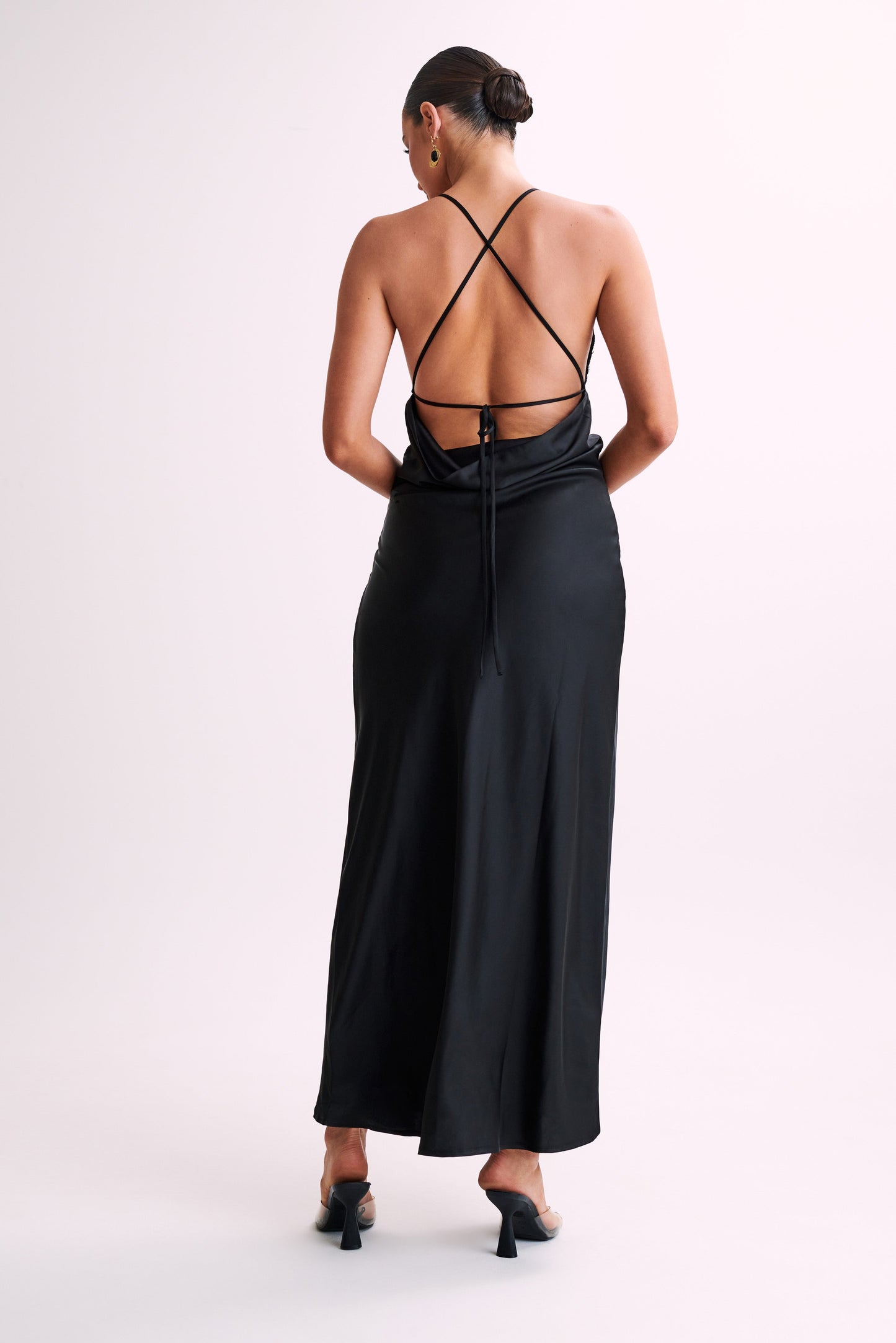ROF Gina Saten Slip Uzun Elbise - Siyah