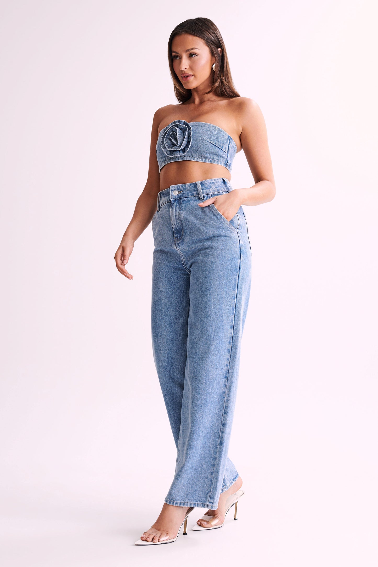 ROF Roxy Geniş Paça Yüksek Bel Denim Jeans - Orta Mavi