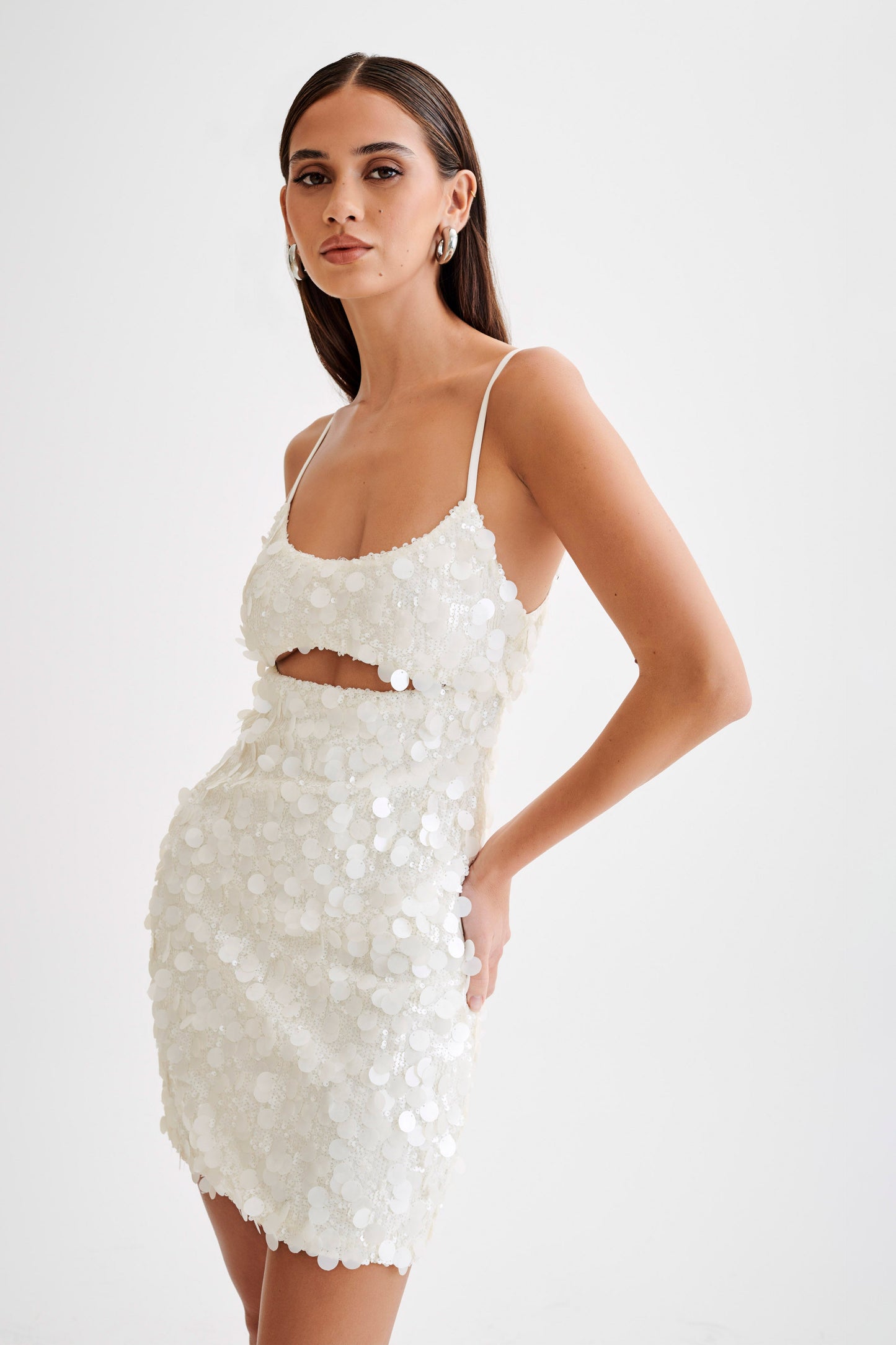 ROF Xanthe Transparan Payet Kesimli Mini Elbise - Fildişi