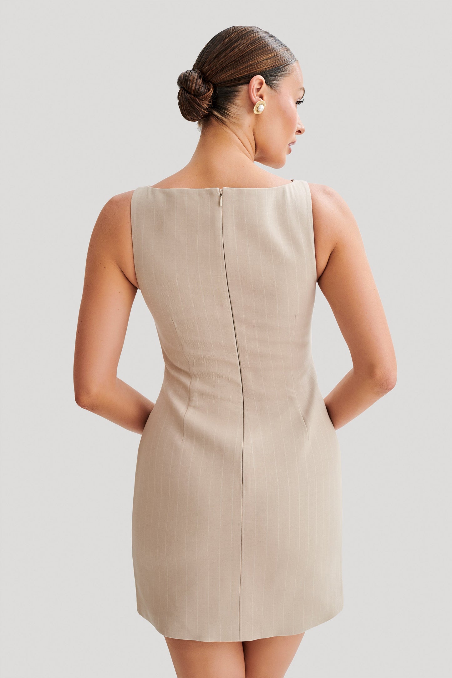 ROF Angela Suit Mini Elbise - Taupe İnce Çizgili