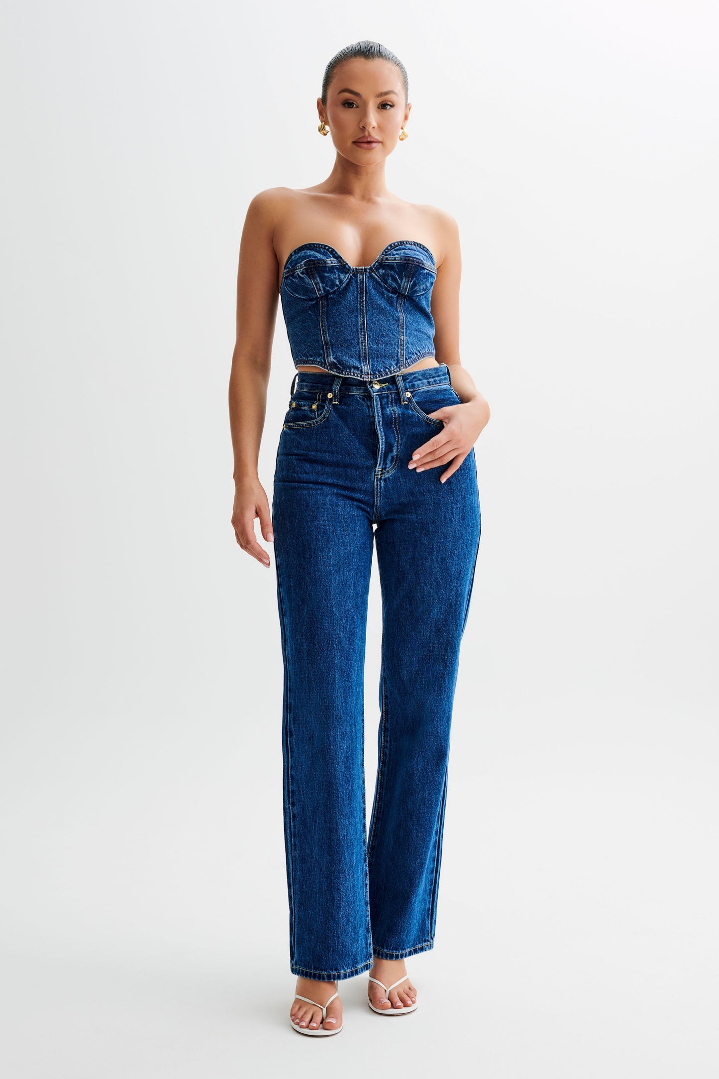 ROF Lana Denim Kaplı Korse Üst - Lacivert