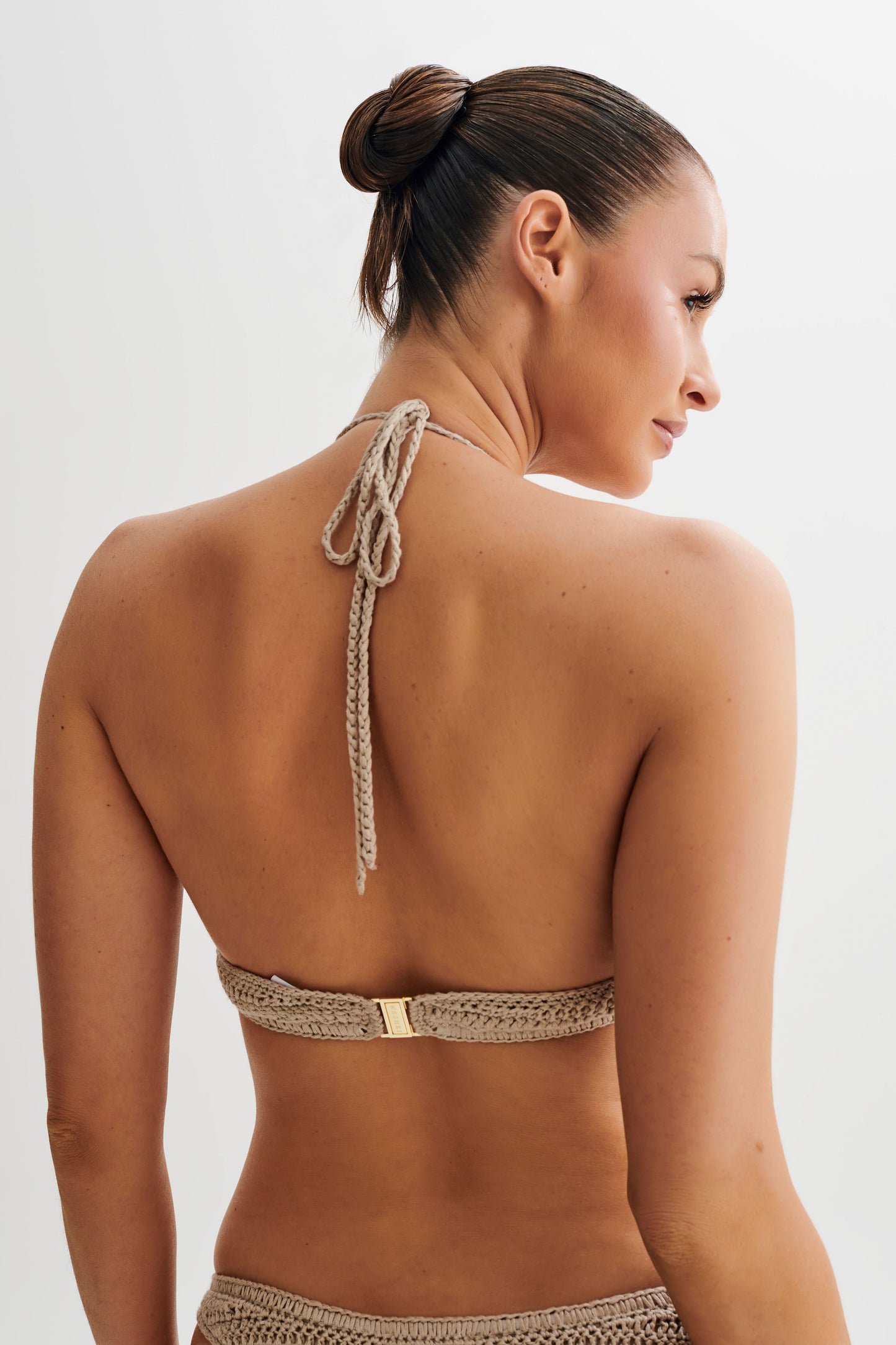 ROF Rhiannon Çiçekli Tığ İşi Boyundan Bağlamalı Bikini Üstü - Taupe/Beyaz