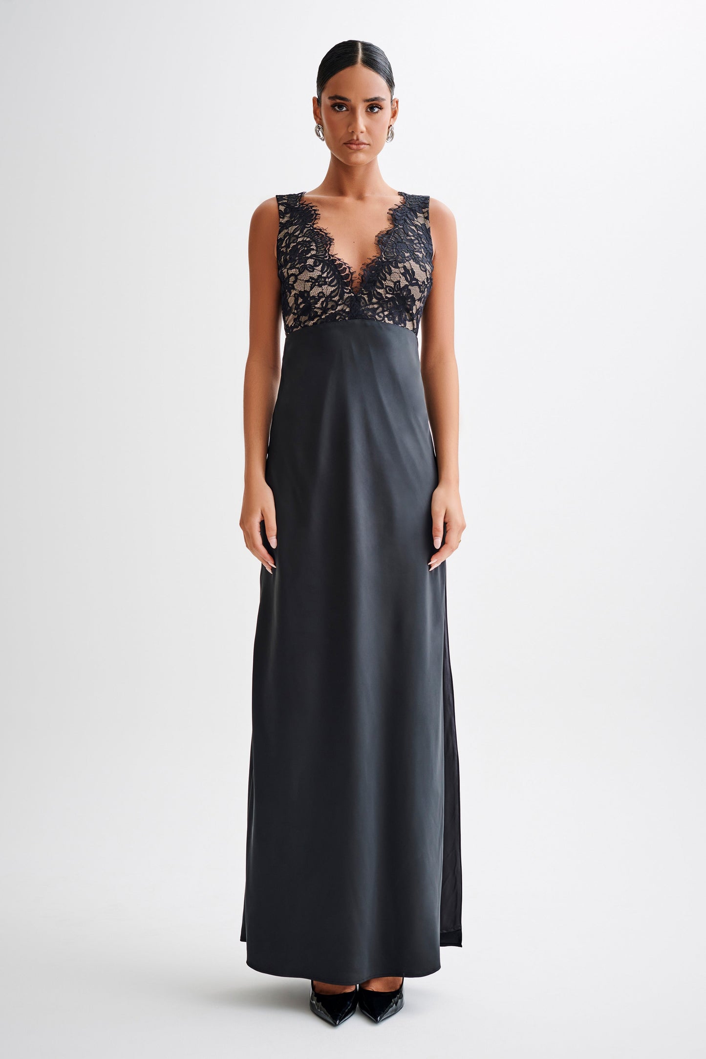 ROF Ricci Saten Ve Dantel Maxi Elbise - Siyah