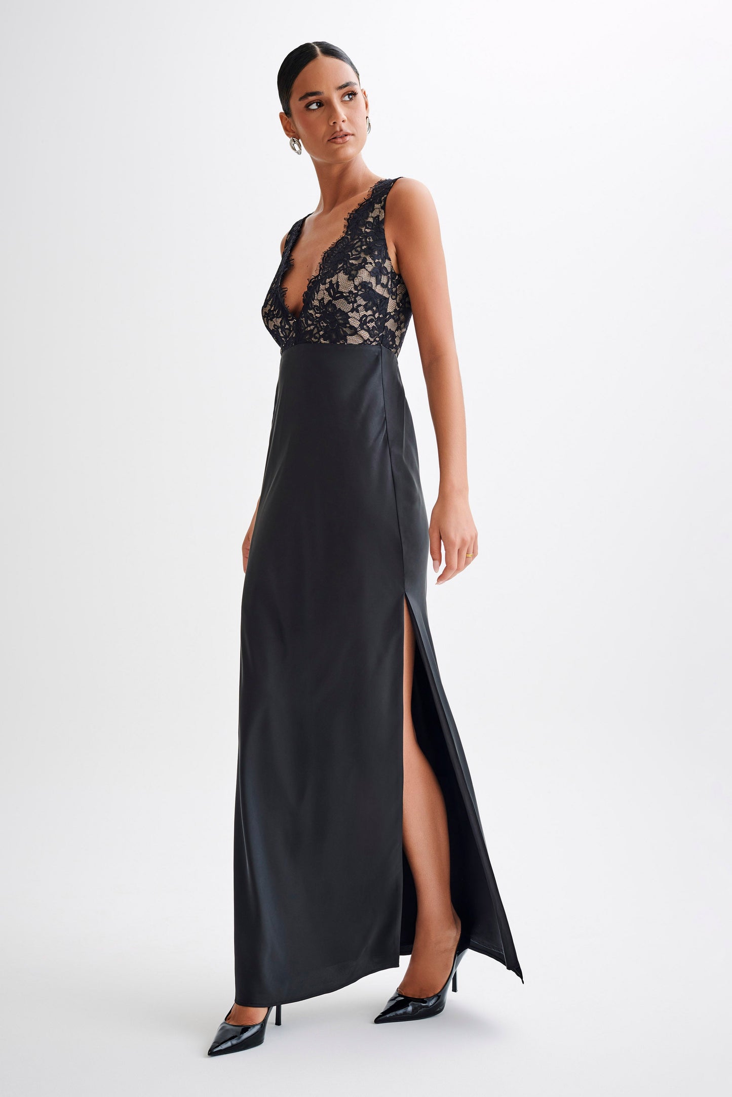 ROF Ricci Saten Ve Dantel Maxi Elbise - Siyah