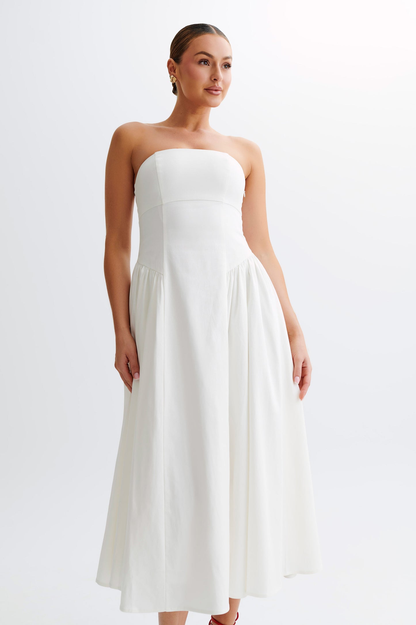 ROF Carmele Pamuk Büzgülü Midi Elbise - Beyaz