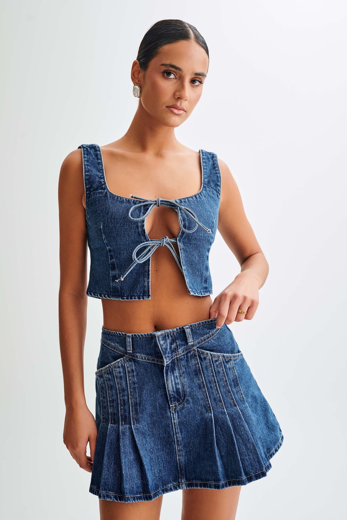 ROF Heather Denim Piliseli Mini Etek - Lacivert