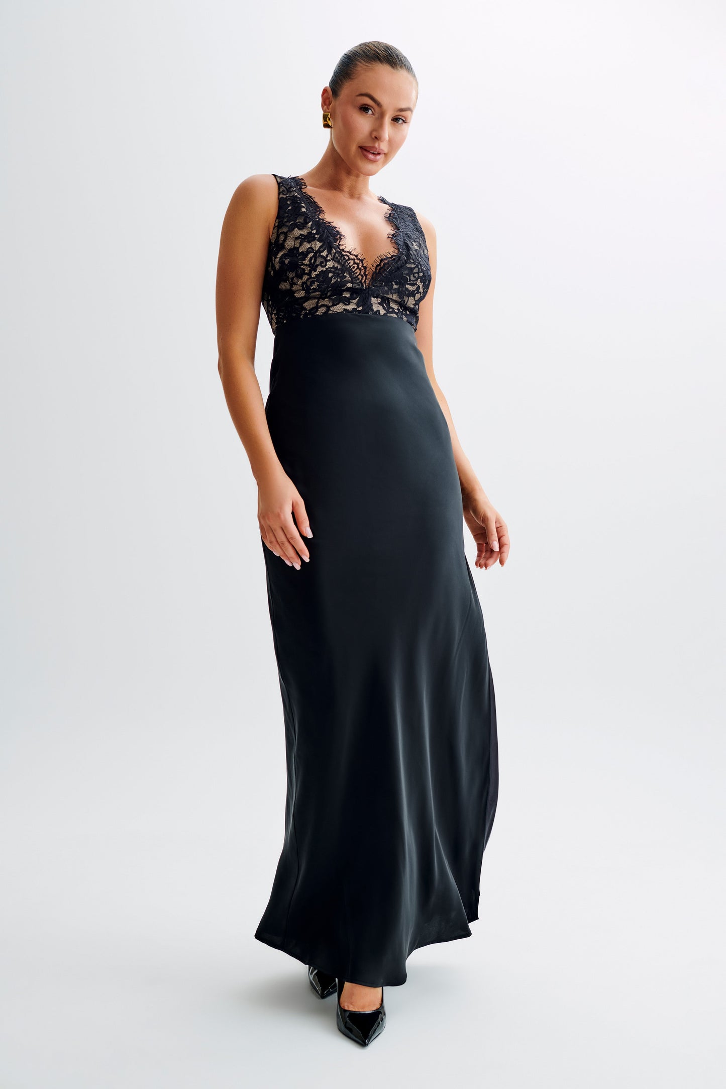 ROF Ricci Saten Ve Dantel Maxi Elbise - Siyah