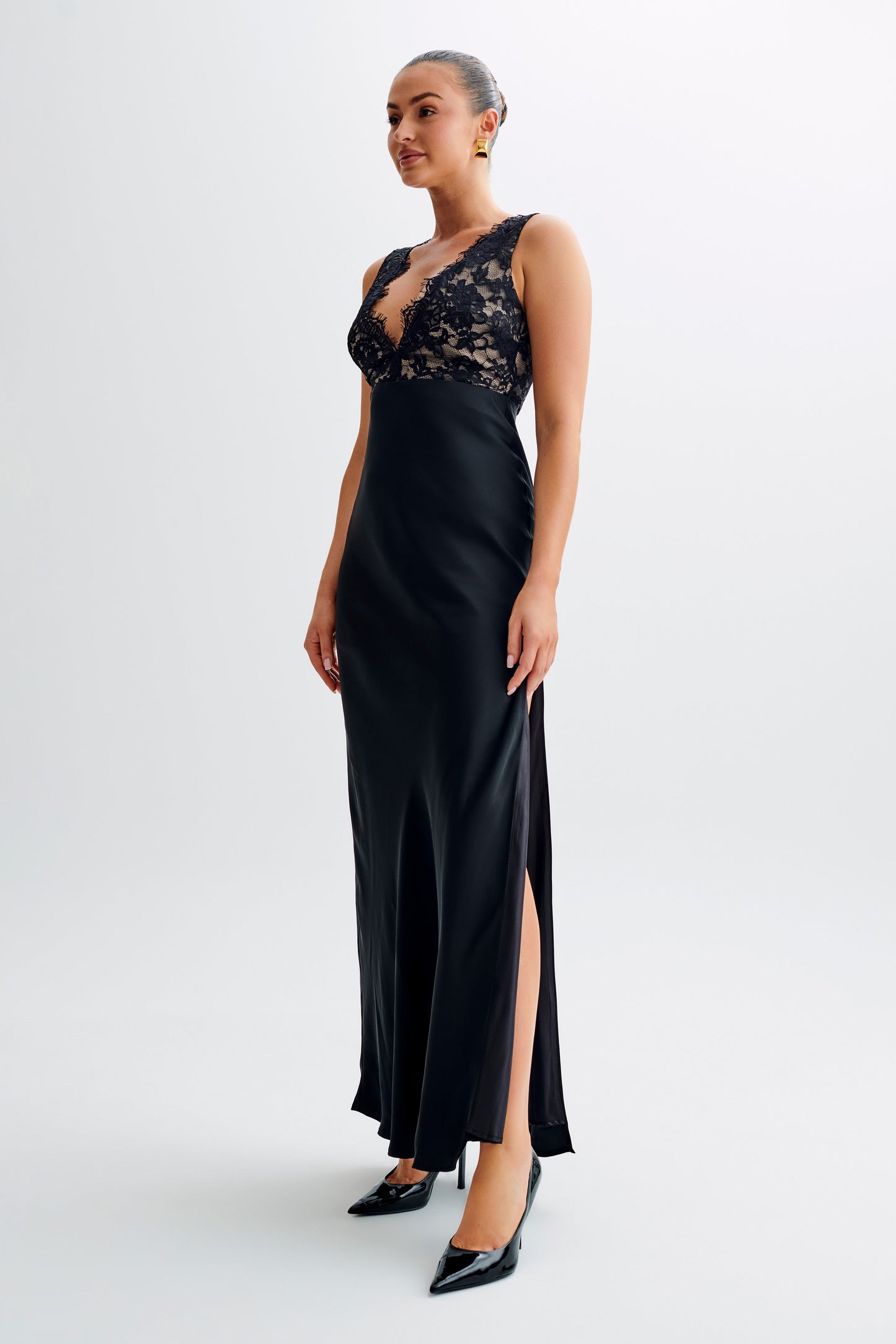 ROF Ricci Saten Ve Dantel Maxi Elbise - Siyah