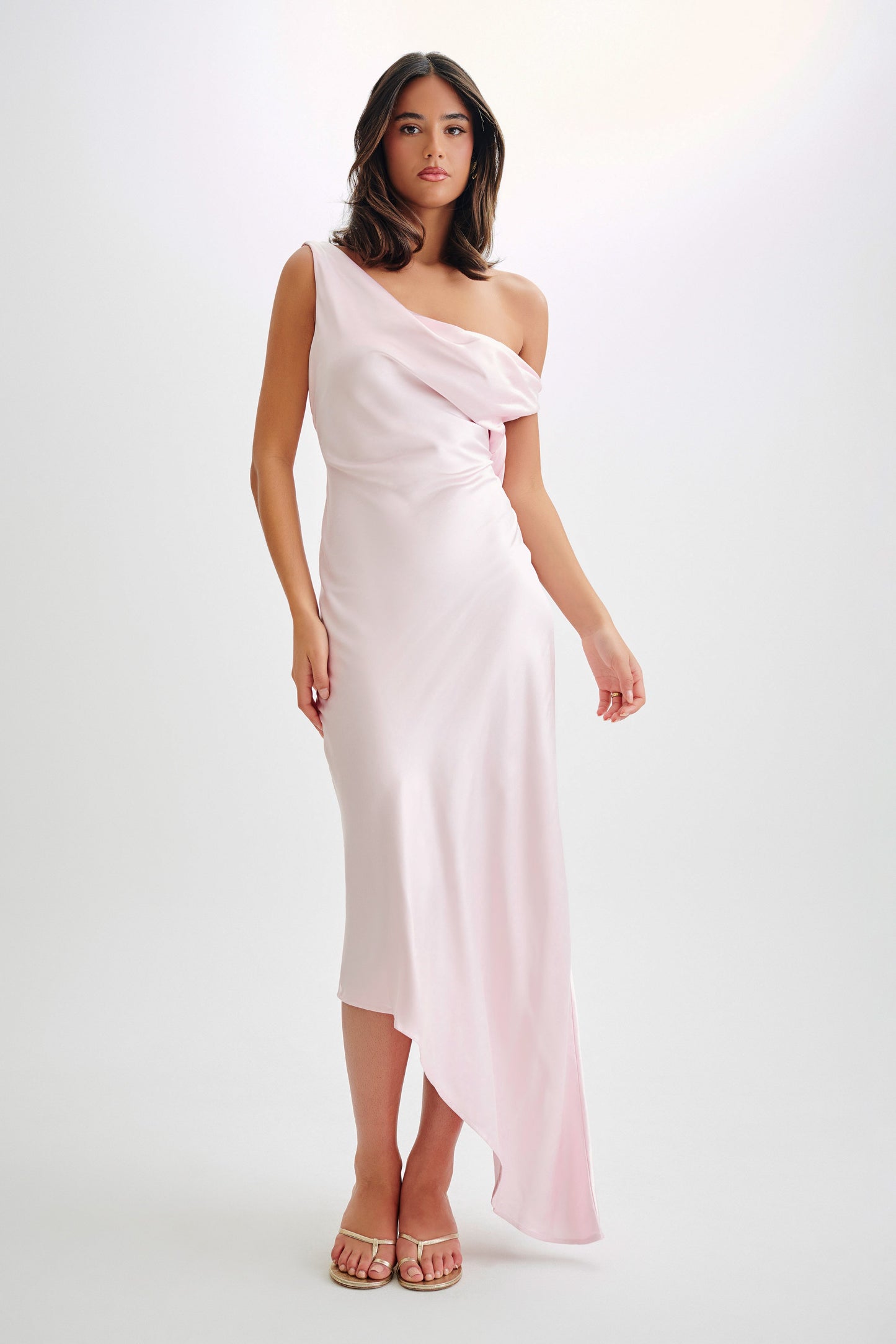 ROF Asimetrik Kenarlı Yvette Slip Maxi Elbise - Soluk Pembe
