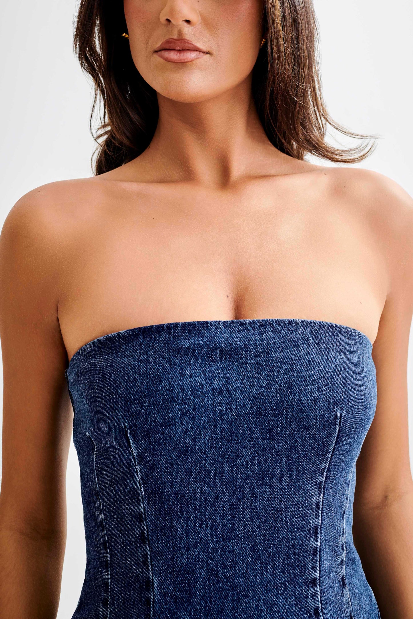 ROF Cecily Straplez Denim Mini Elbise - Koyu Mavi