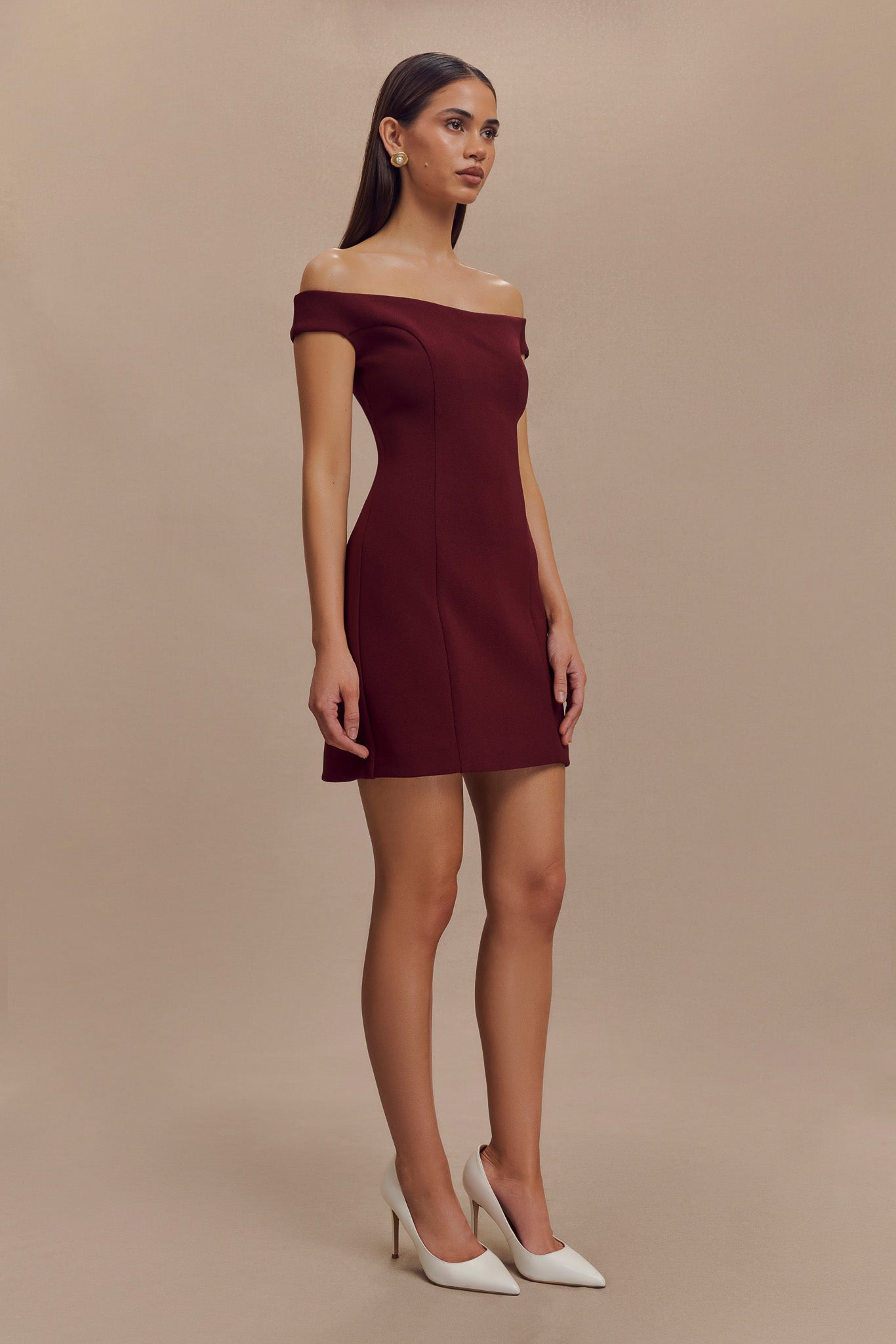 ROF Cassidy Krep Düşük Omuz Mini Elbise - Merlot