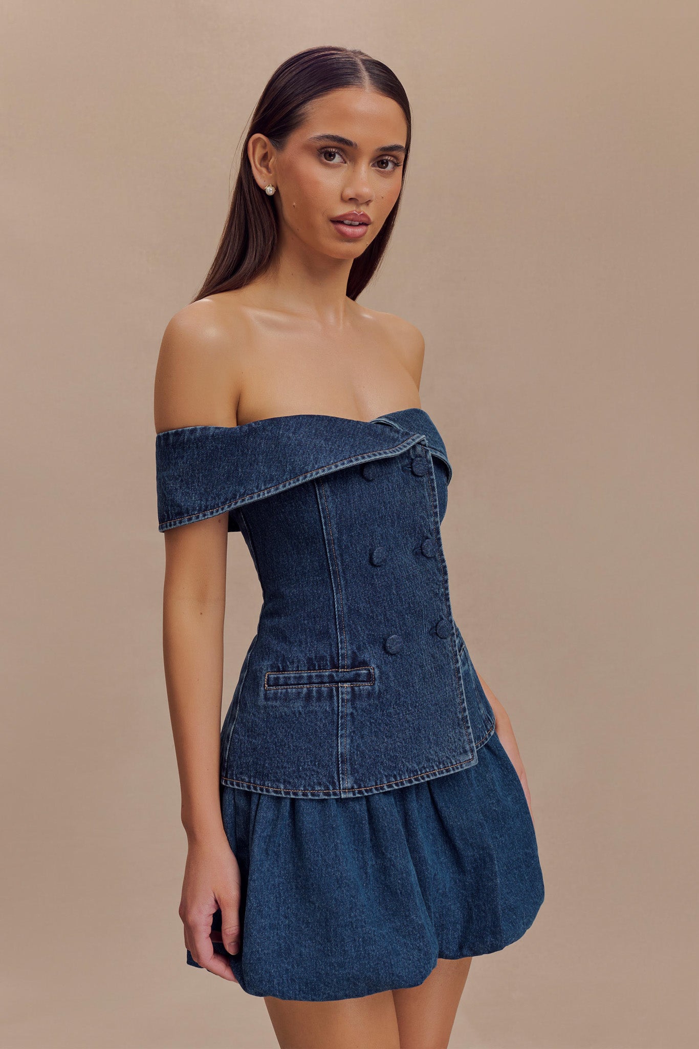 ROF Krista Denim Düşük Omuz Üst - Koyu Mavi