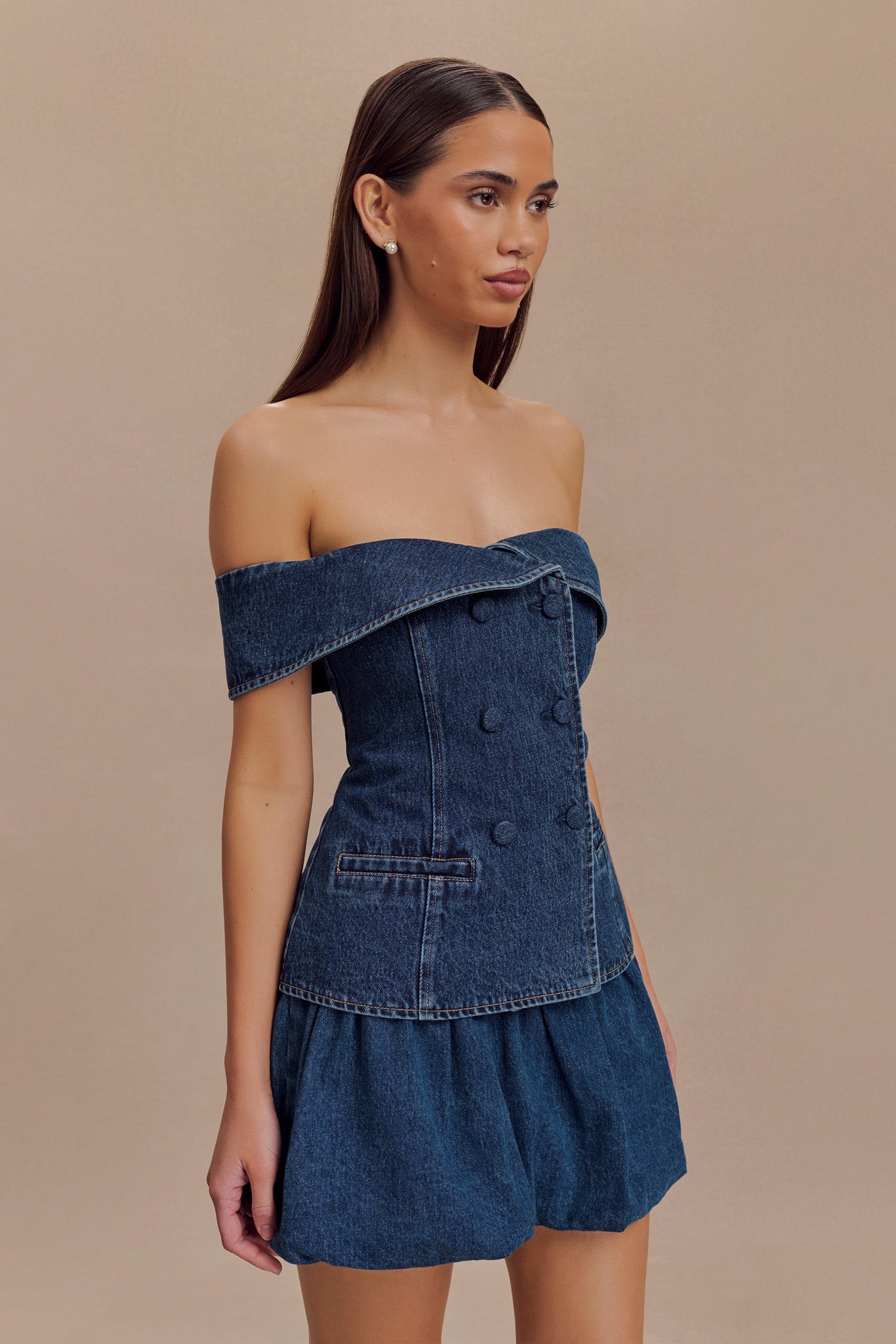ROF Krista Denim Düşük Omuz Üst - Koyu Mavi