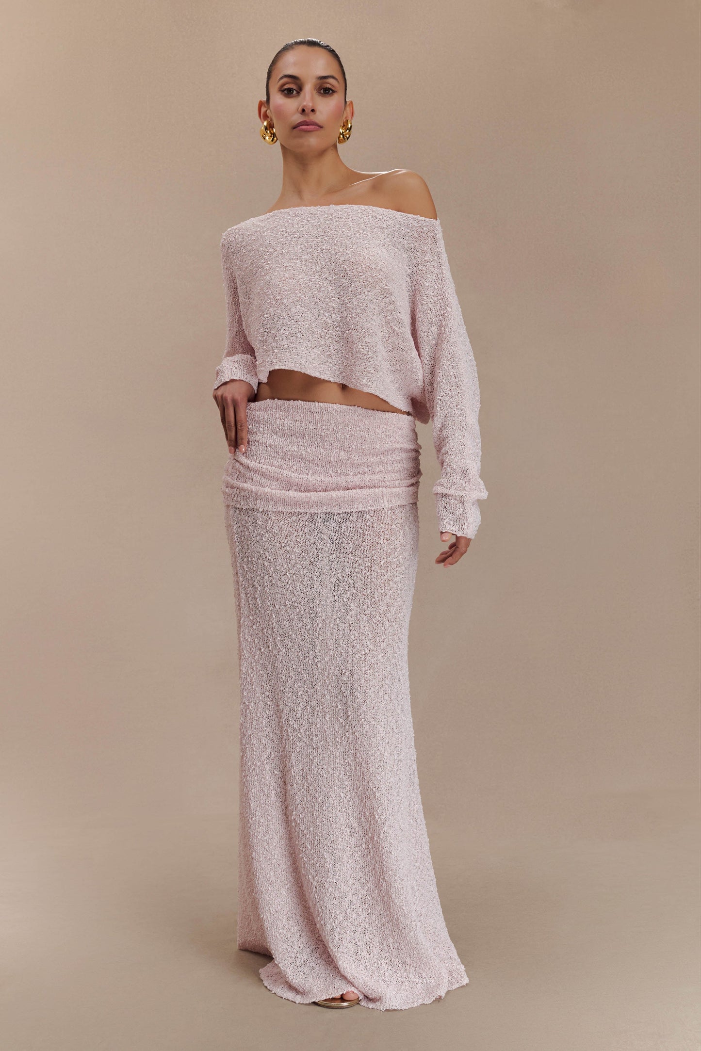 ROF Petra Uzun Kollu Örgü Crop Top - Misty Rose