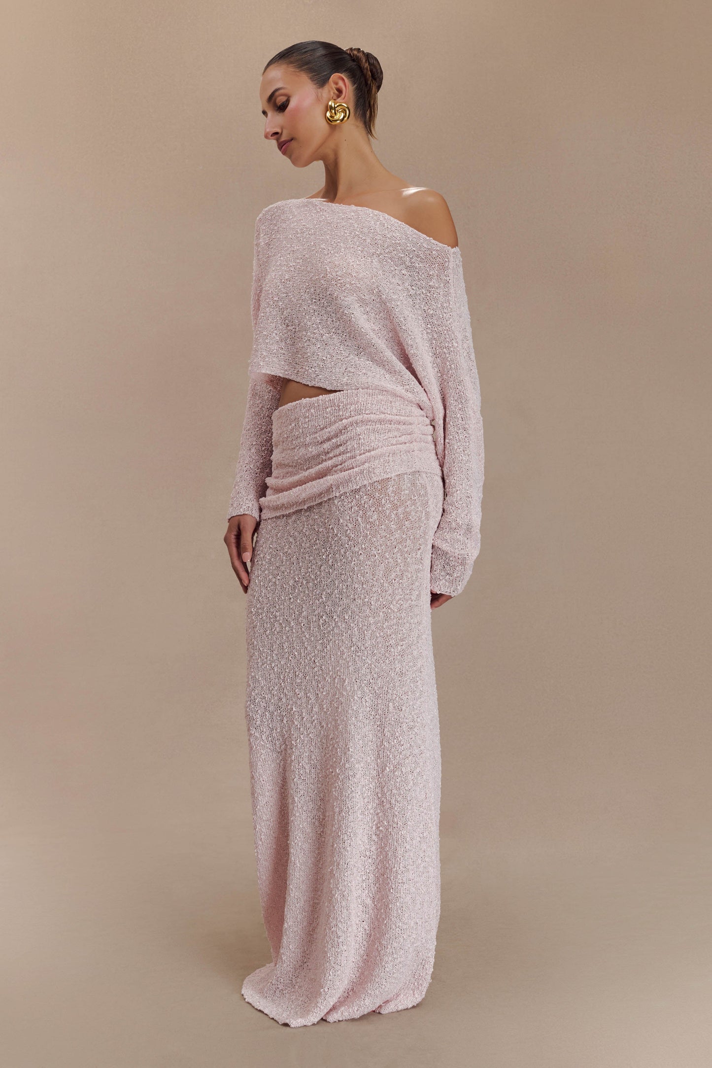ROF Petra Uzun Kollu Örgü Crop Top - Misty Rose