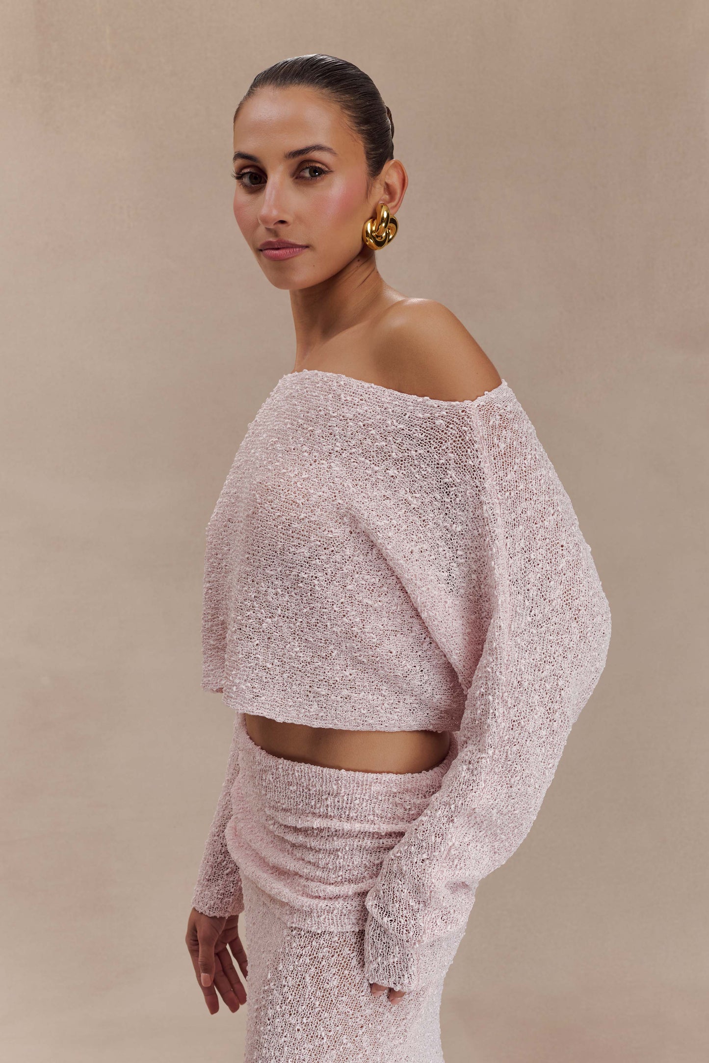 ROF Petra Uzun Kollu Örgü Crop Top - Misty Rose