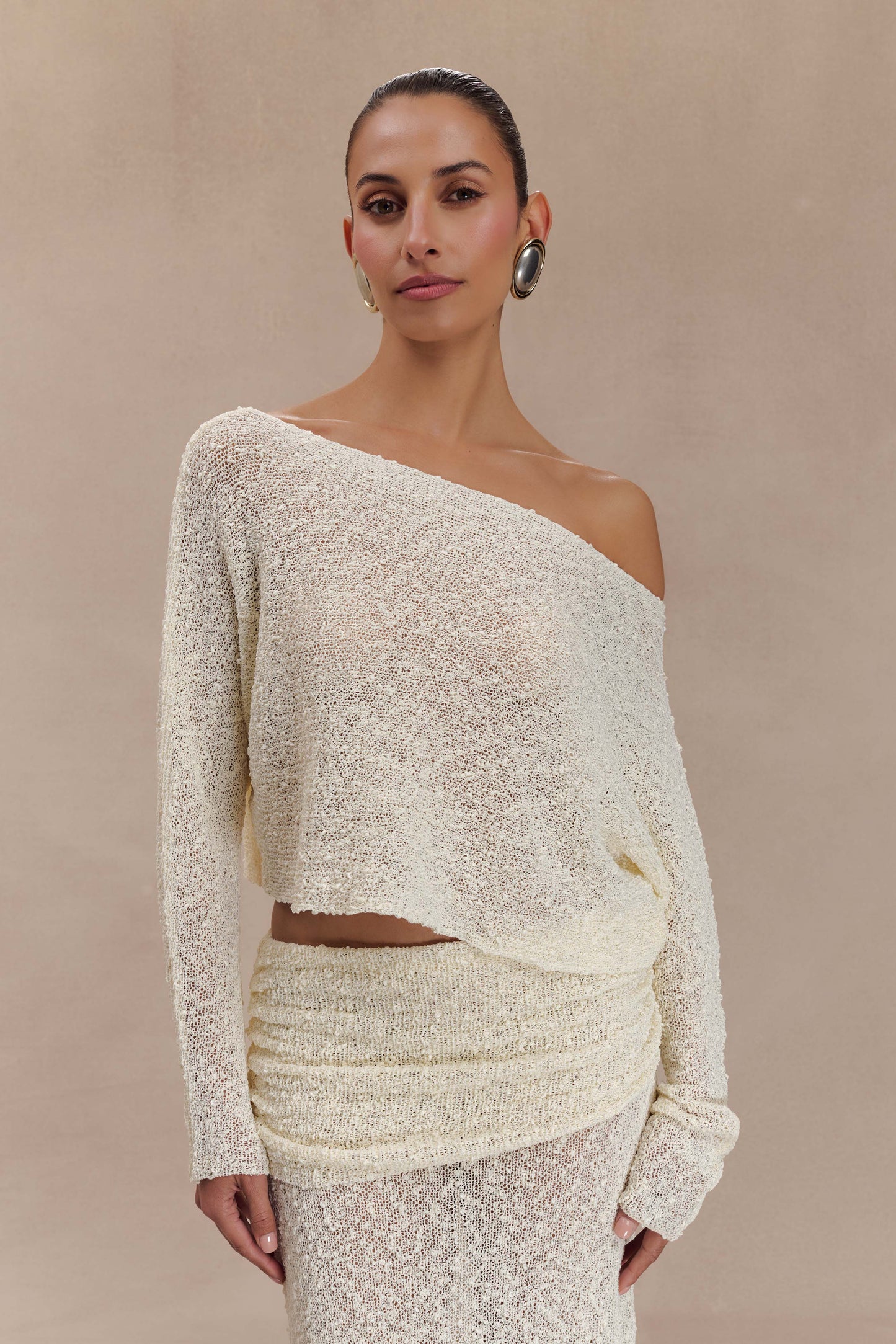 ROF Petra Uzun Kollu Örgü Crop Top - Fildişi
