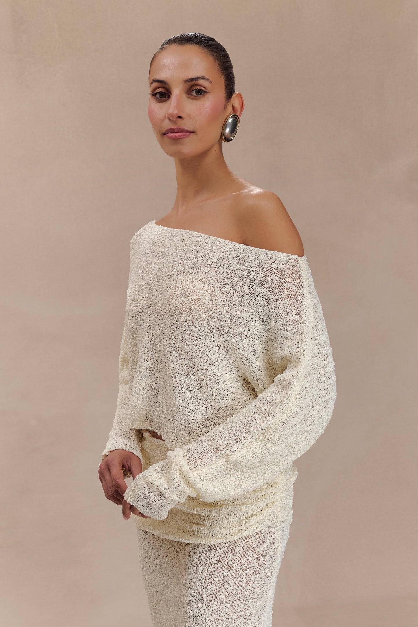ROF Petra Uzun Kollu Örgü Crop Top - Fildişi