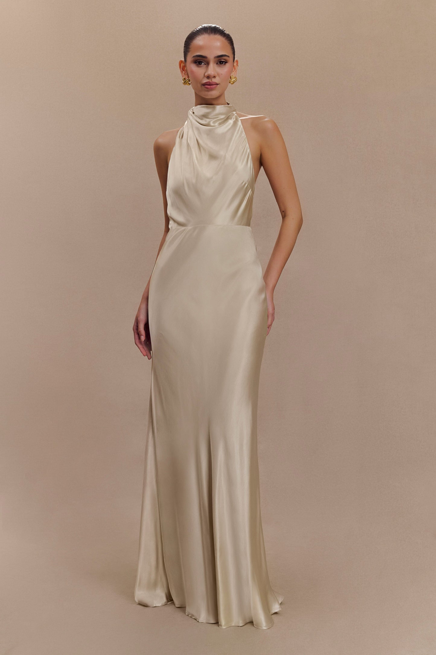 ROF Esther Yanardöner Saten Cowl Maxi Elbise - Altın