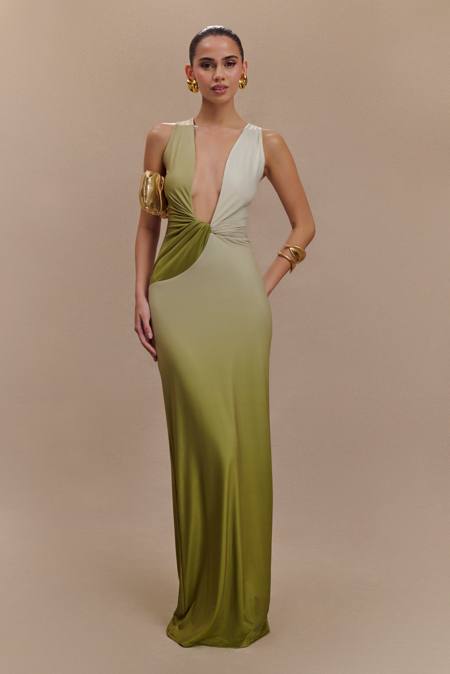 ROF Stella Drapeli Dar Maxi Elbise - Ombre Vintage Zeytin