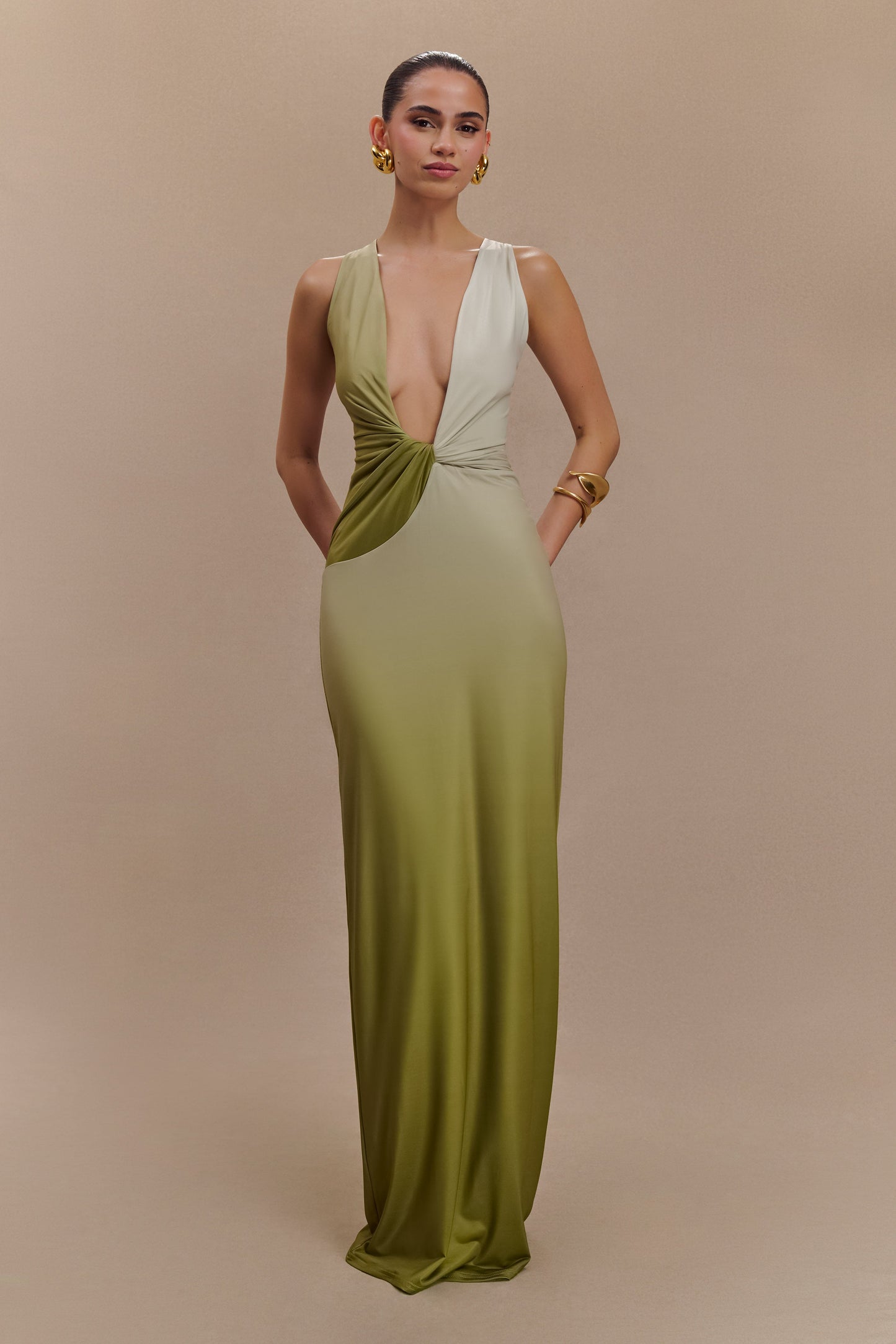 ROF Stella Drapeli Dar Maxi Elbise - Ombre Vintage Zeytin