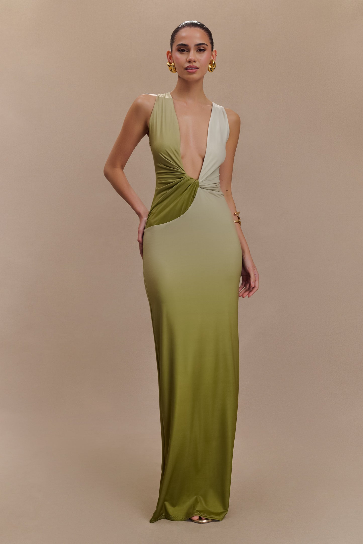 ROF Stella Drapeli Dar Maxi Elbise - Ombre Vintage Zeytin