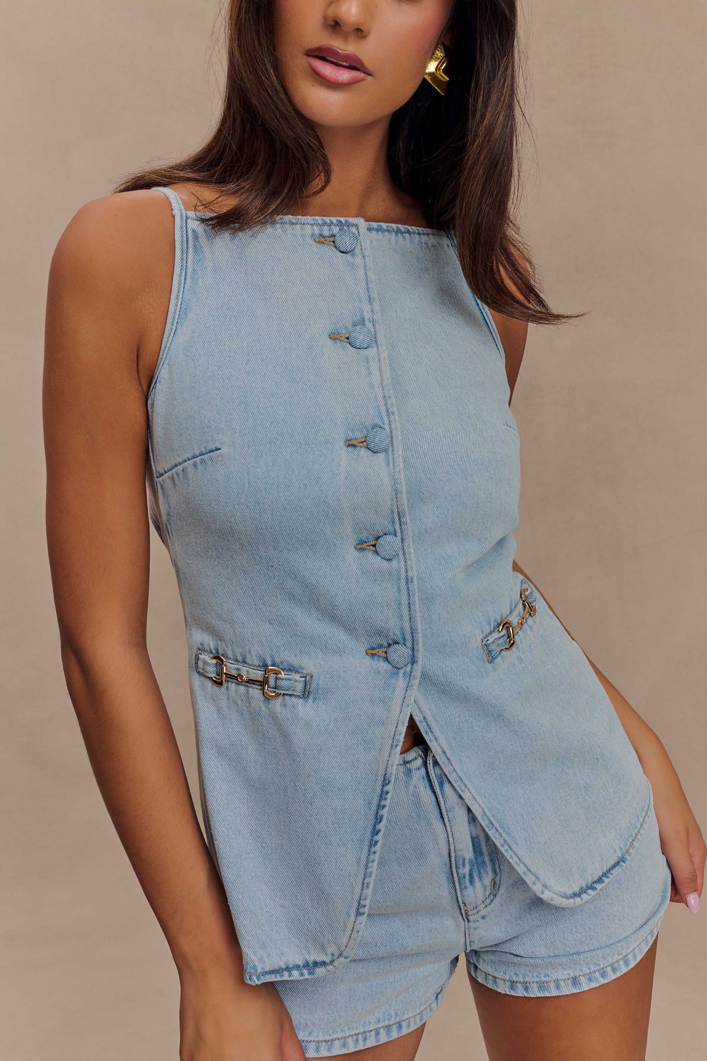 ROF Ashton Kolsuz Düğmeli Denim Üst - Açık Mavi