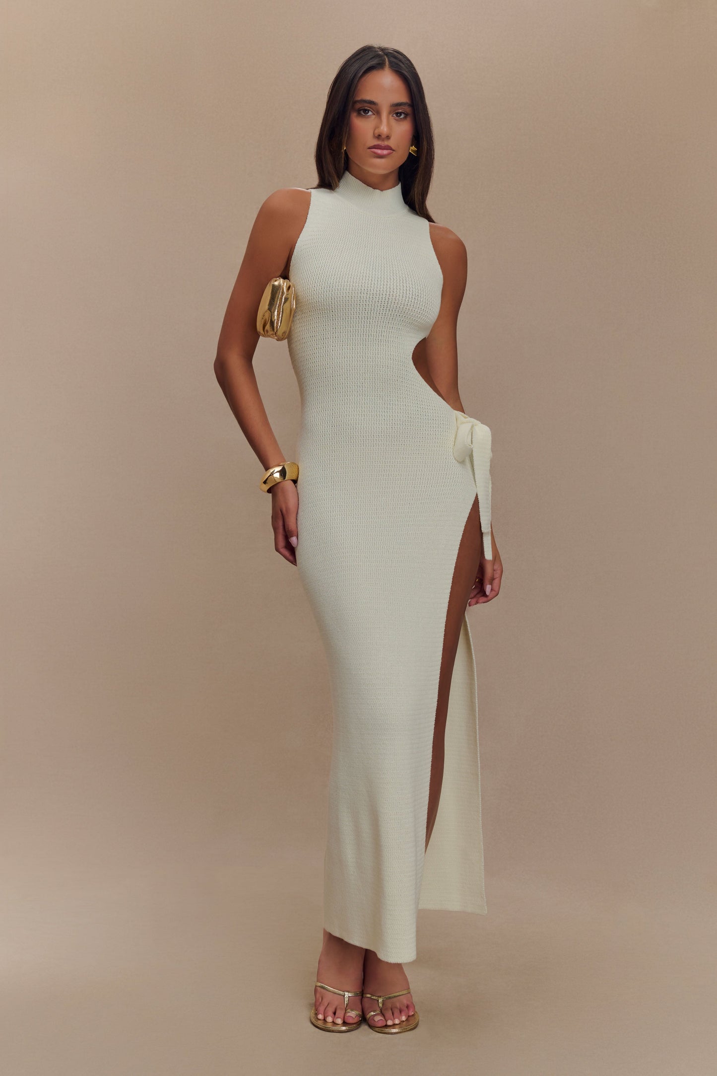 ROF Stephanie Cut Out Örgü Maxi Elbise - Fildişi