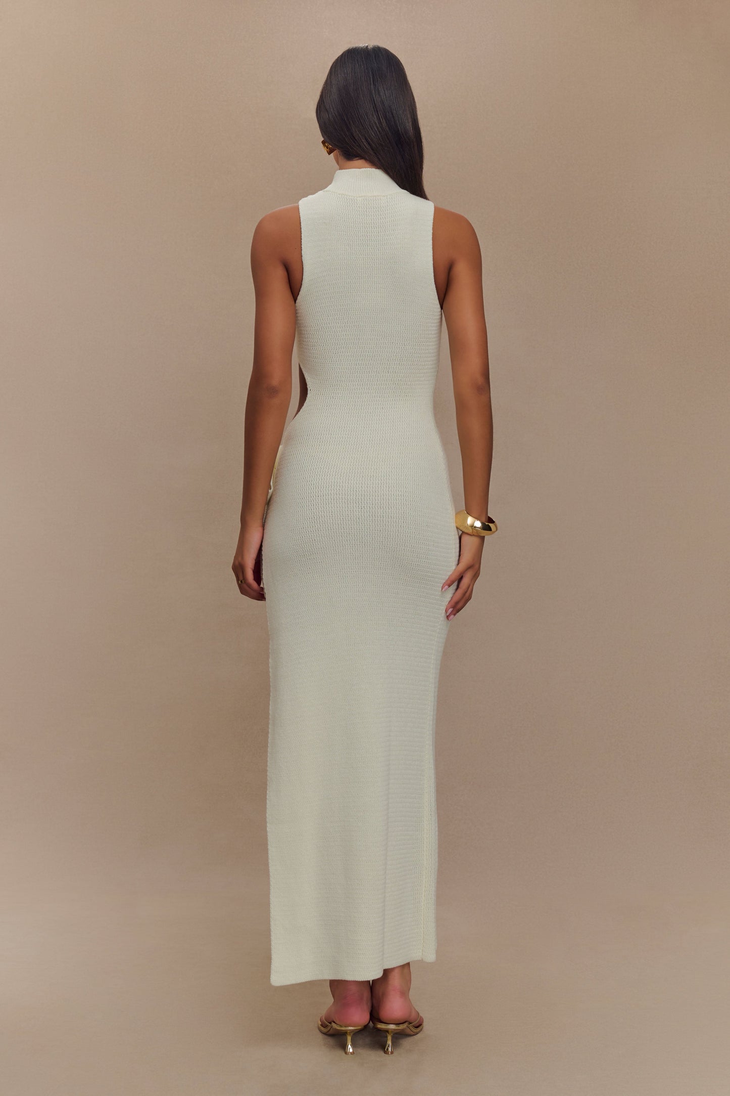 ROF Stephanie Cut Out Örgü Maxi Elbise - Fildişi