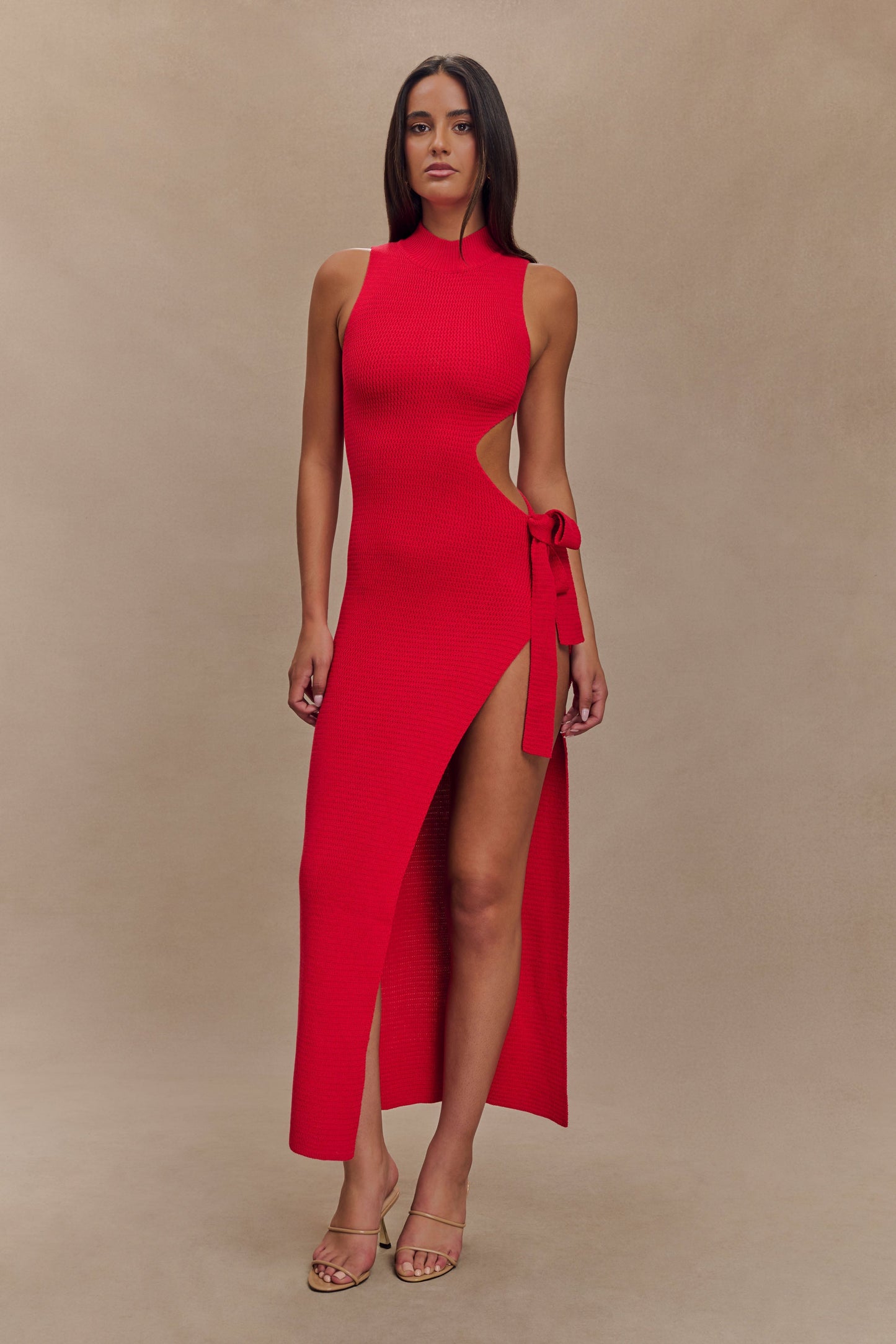 ROF Stephanie Cut Out Örgü Uzun Elbise - Kırmızı
