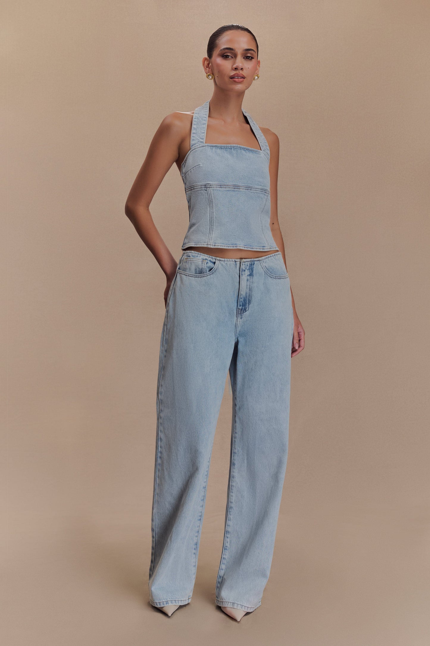 ROF Dayna Denim Boyundan Bağlamalı Üst - Açık Mavi