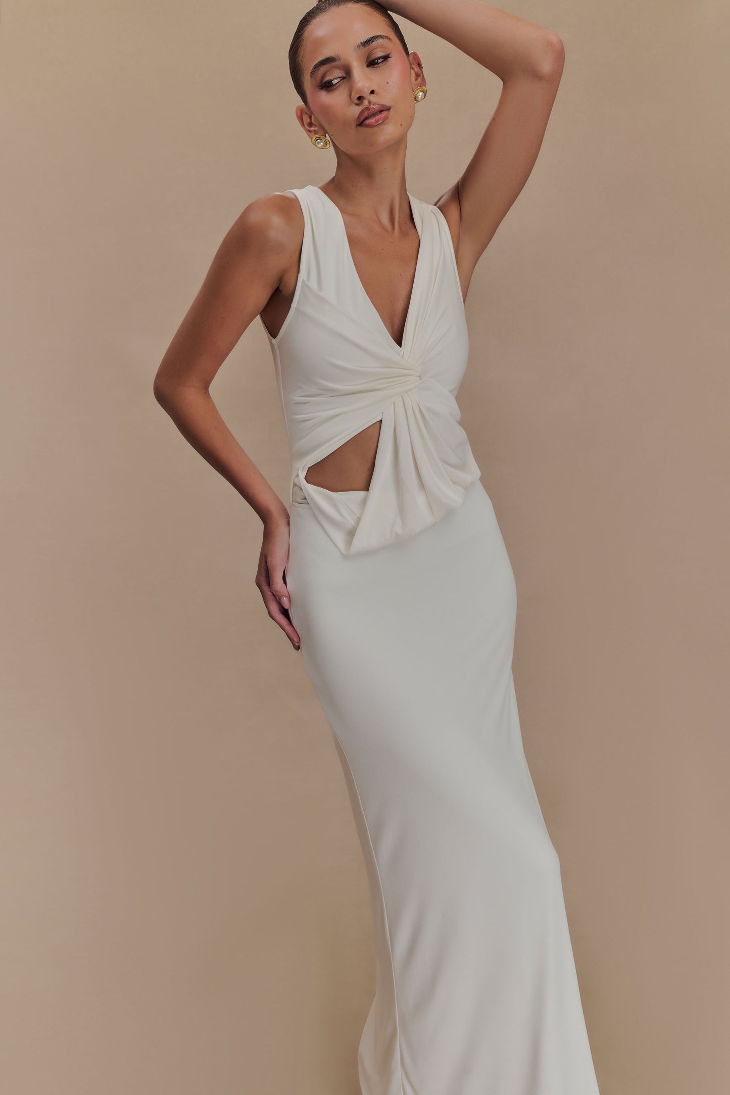 ROF Kassidy Şeftali Jersey Maxi Elbise - Fildişi