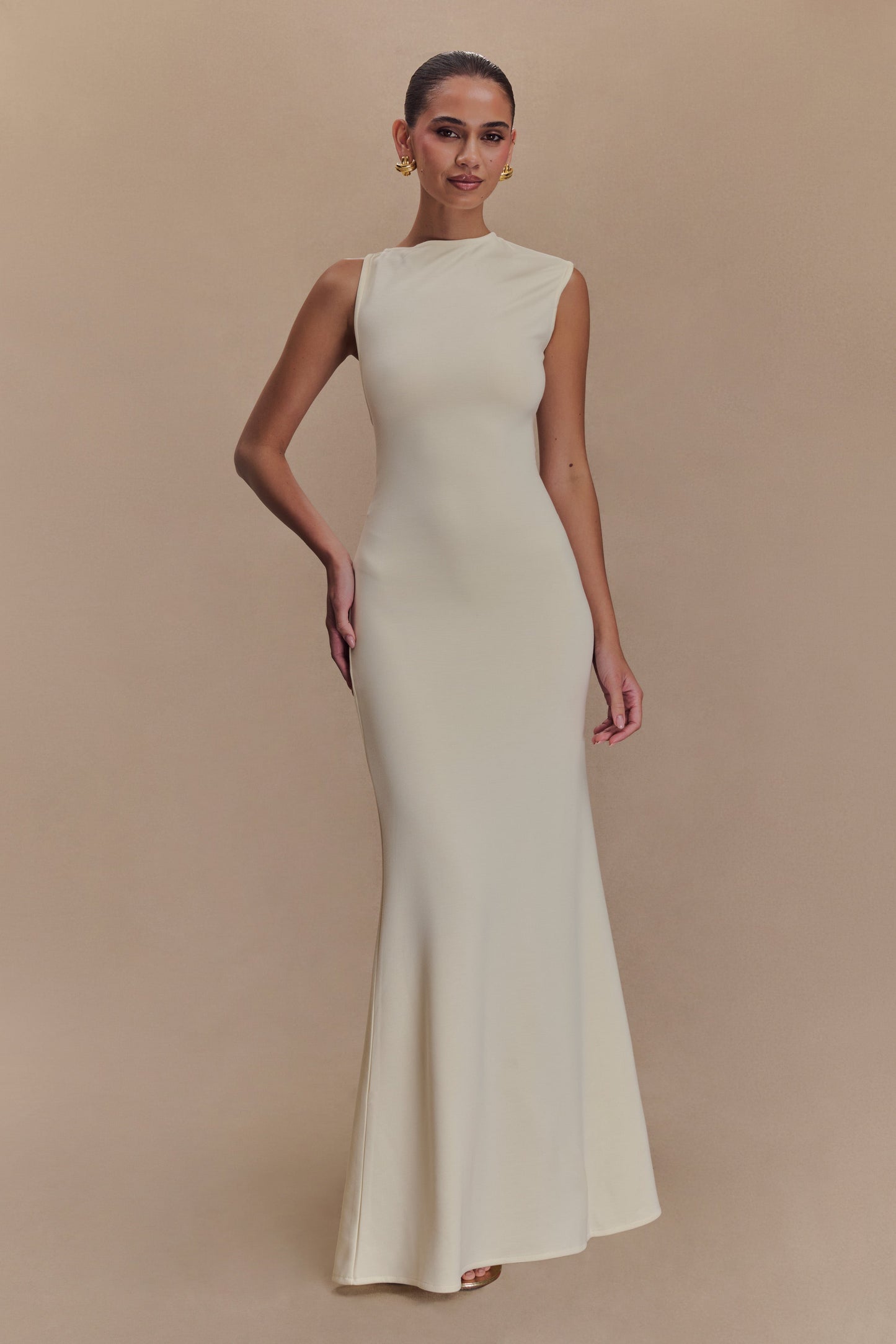 ROF Katerina Scuba Jersey Cut Out Maxi Elbise - Fildişi