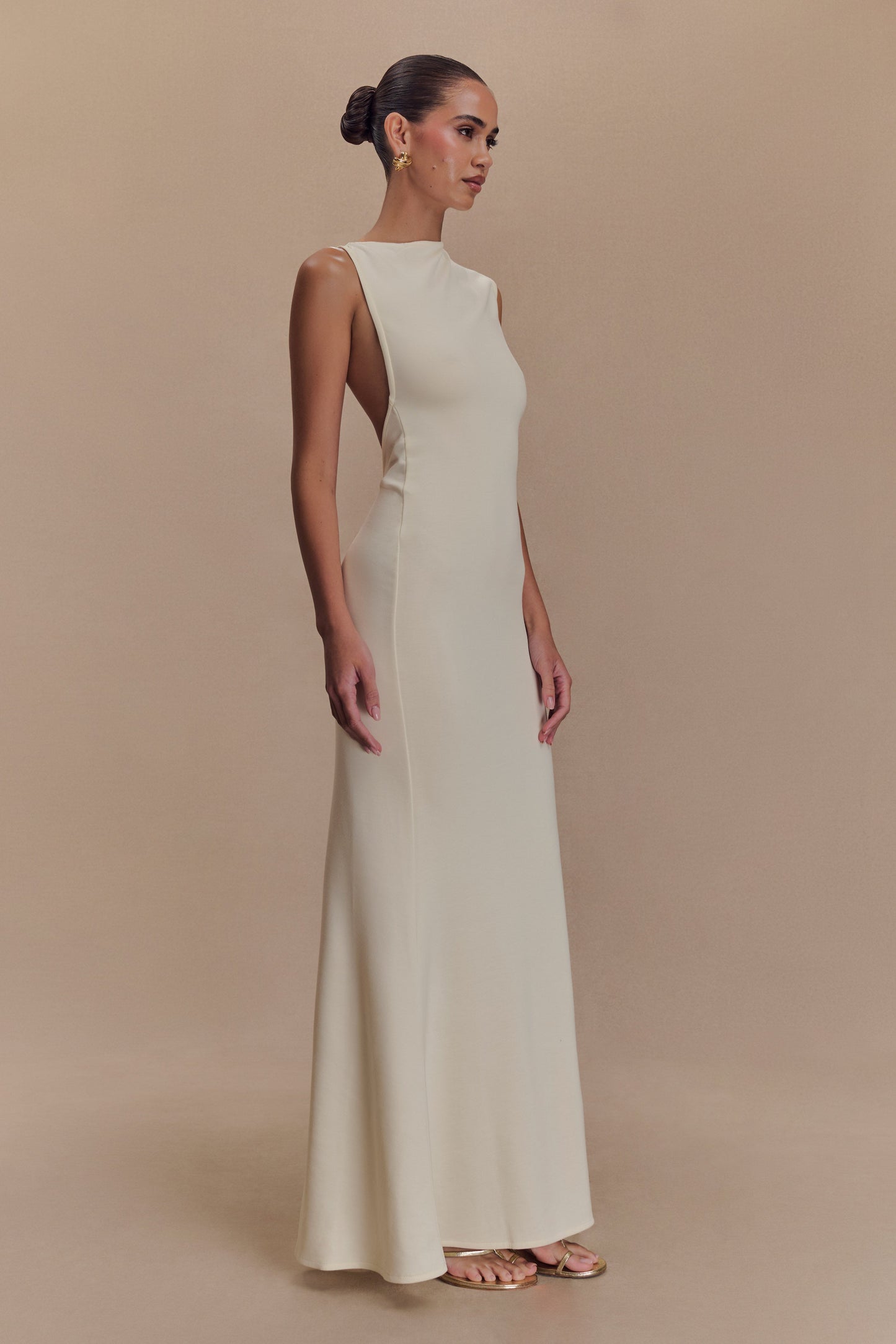 ROF Katerina Scuba Jersey Cut Out Maxi Elbise - Fildişi