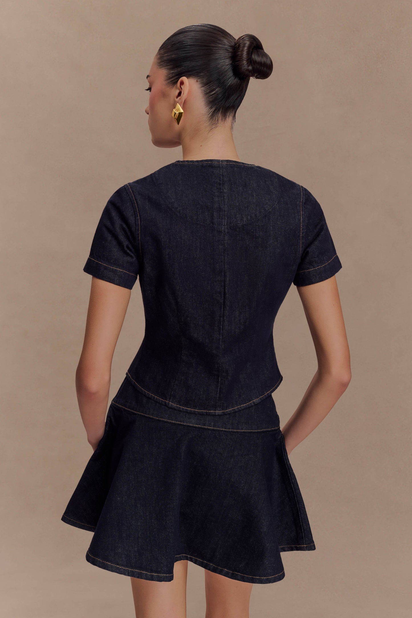 ROF Bethany Kısa Kollu Düğmeli Denim Üst - Yıkanmış İndigo Mavi