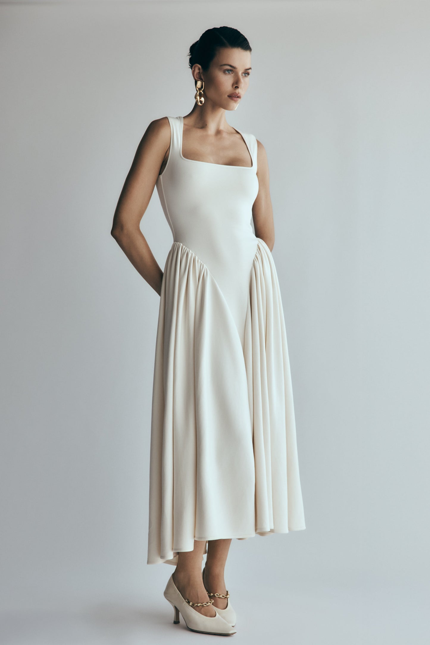 ROF Sharon Scuba Jersey Midi Elbise - Fildişi