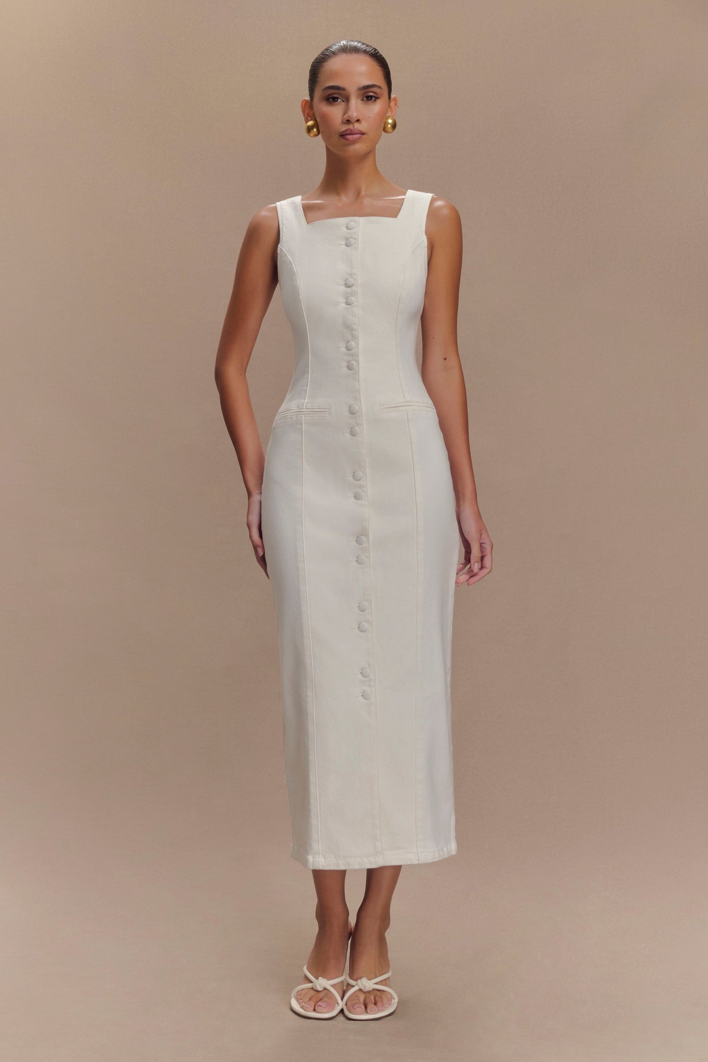 ROF Reyna Denim Midi Elbise - Beyaz