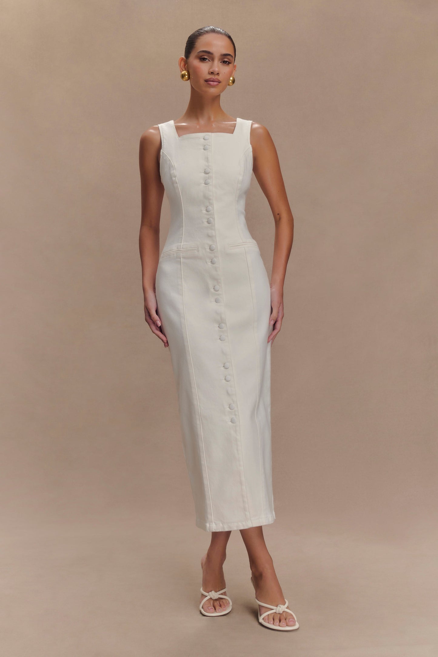 ROF Reyna Denim Midi Elbise - Beyaz