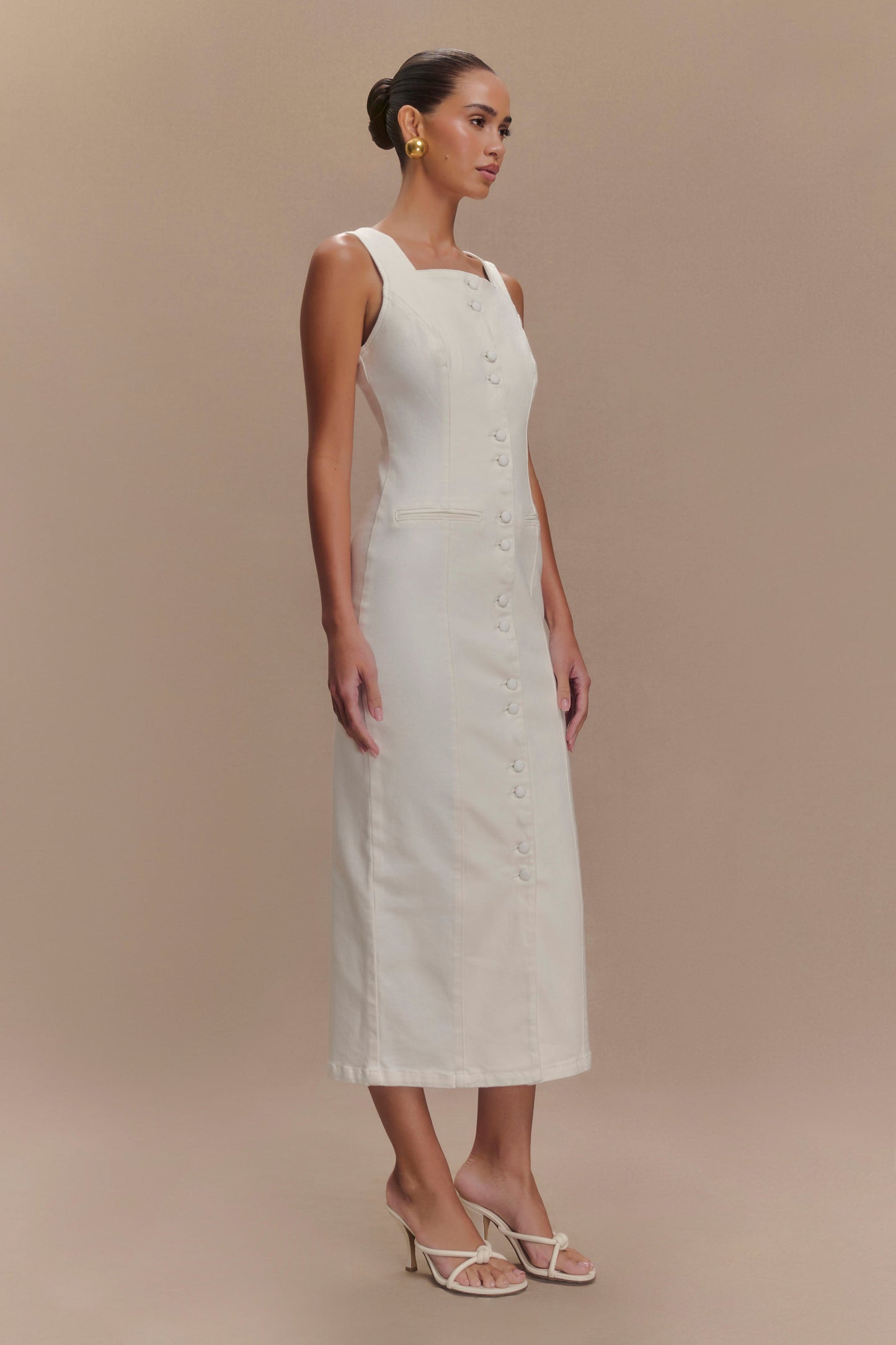 ROF Reyna Denim Midi Elbise - Beyaz