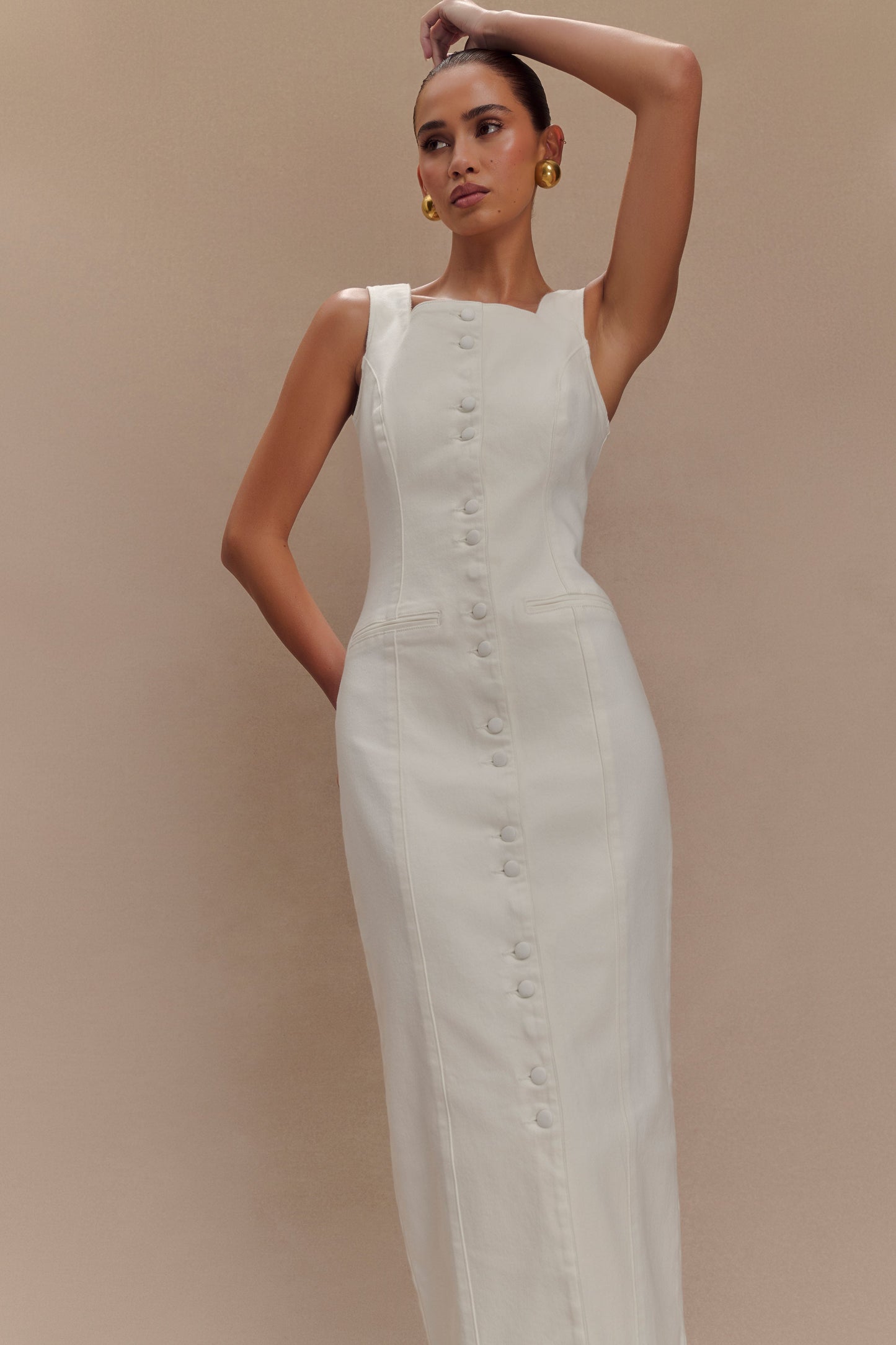 ROF Reyna Denim Midi Elbise - Beyaz