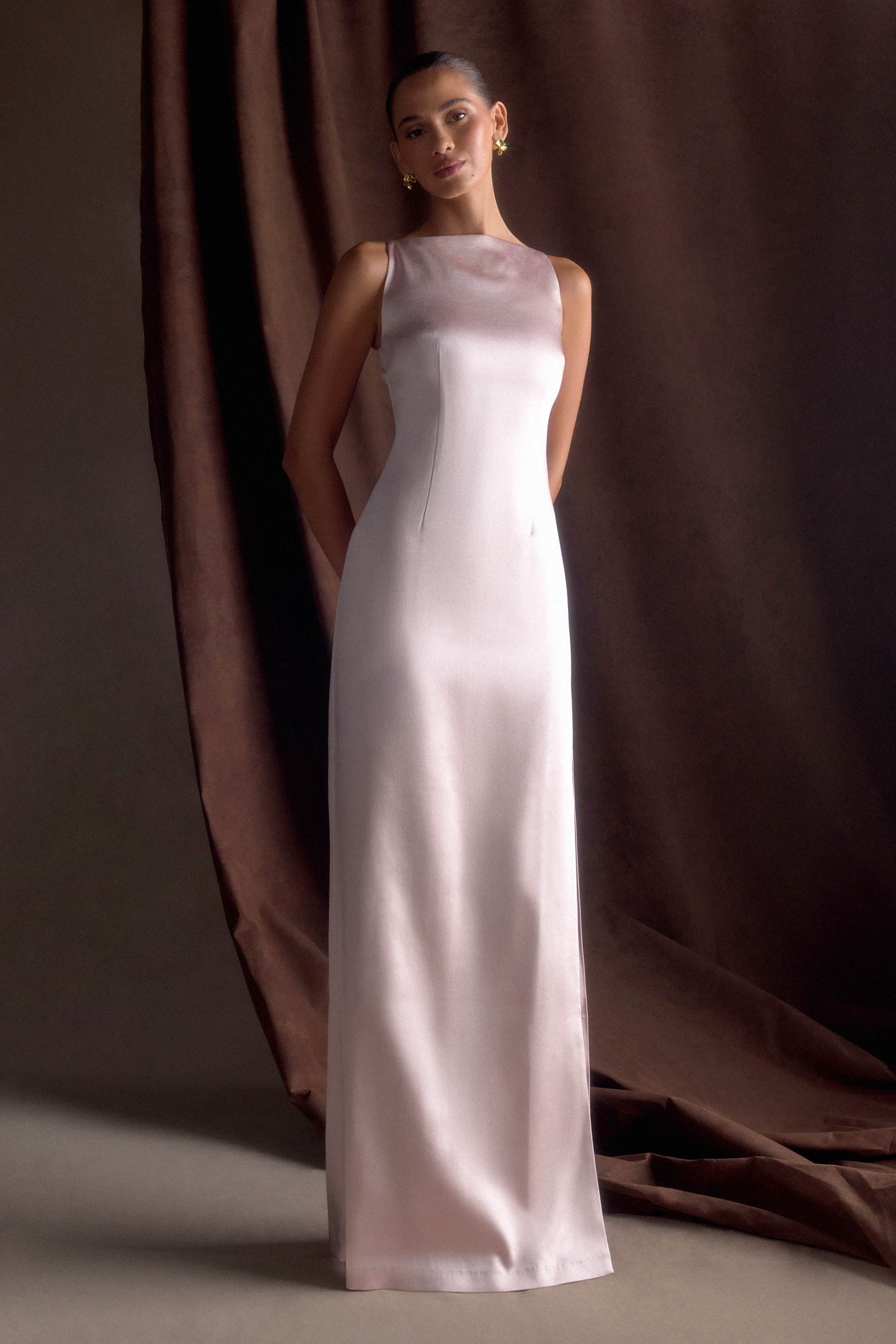 ROF Mor Kolsuz Saten Maxi Elbise - Soft Pembe