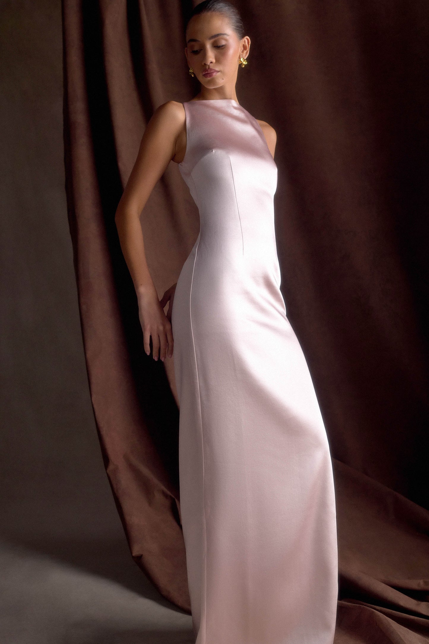 ROF Mor Kolsuz Saten Maxi Elbise - Soft Pembe