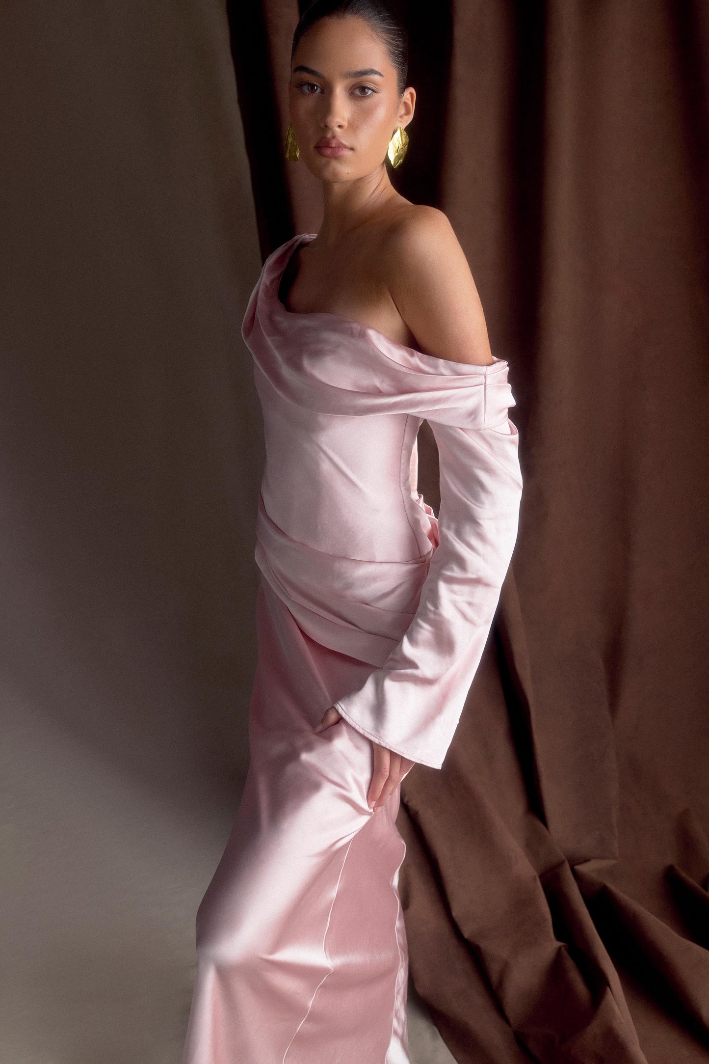 ROF Iris Uzun Kol Saten Maxi Elbise - Soft Pembe