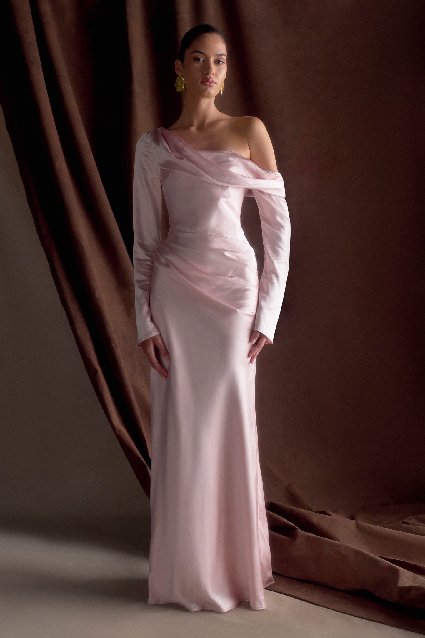 ROF Iris Uzun Kol Saten Maxi Elbise - Soft Pembe
