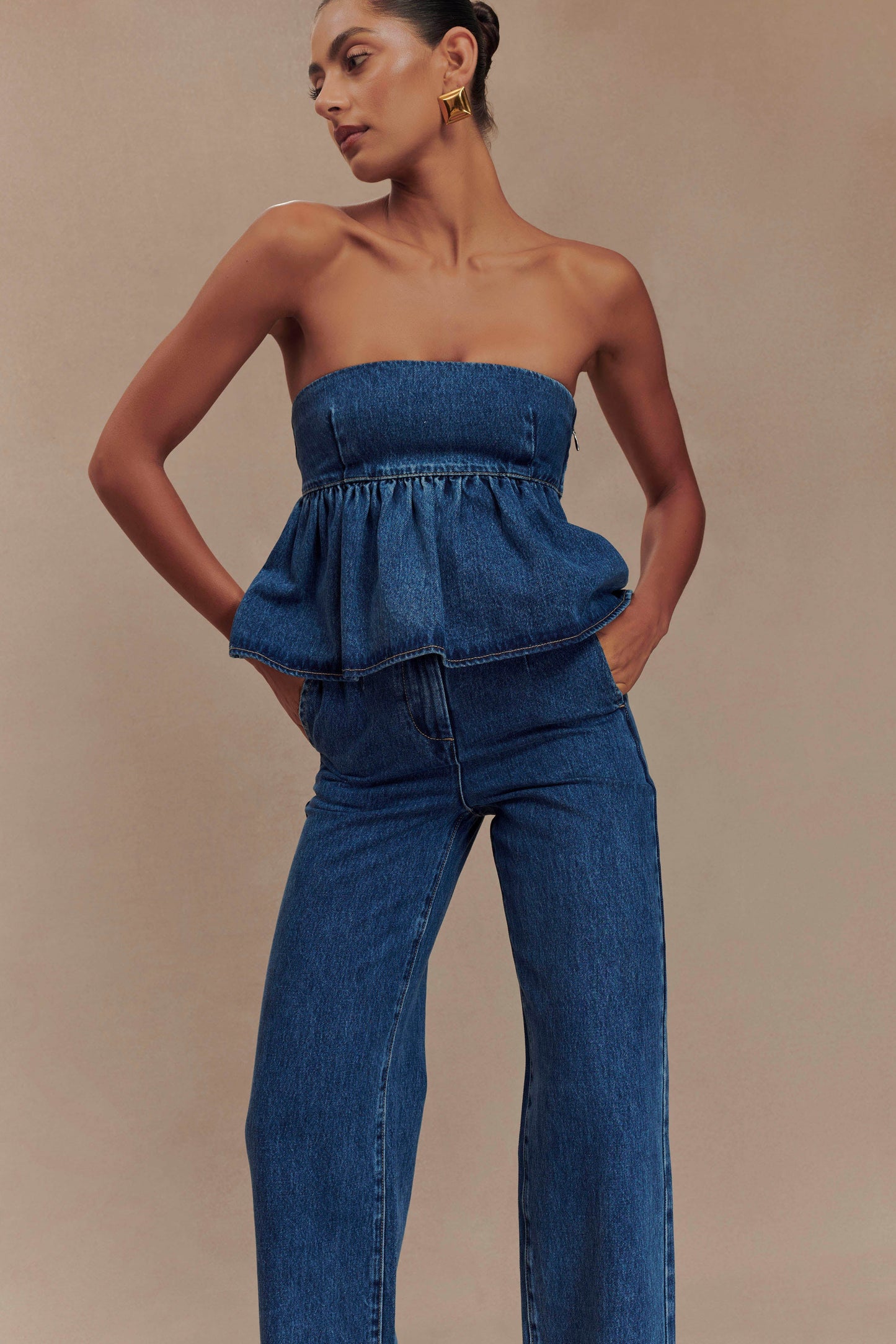 ROF Pauline Straplez Denim Üst - 90'Lar Mavi