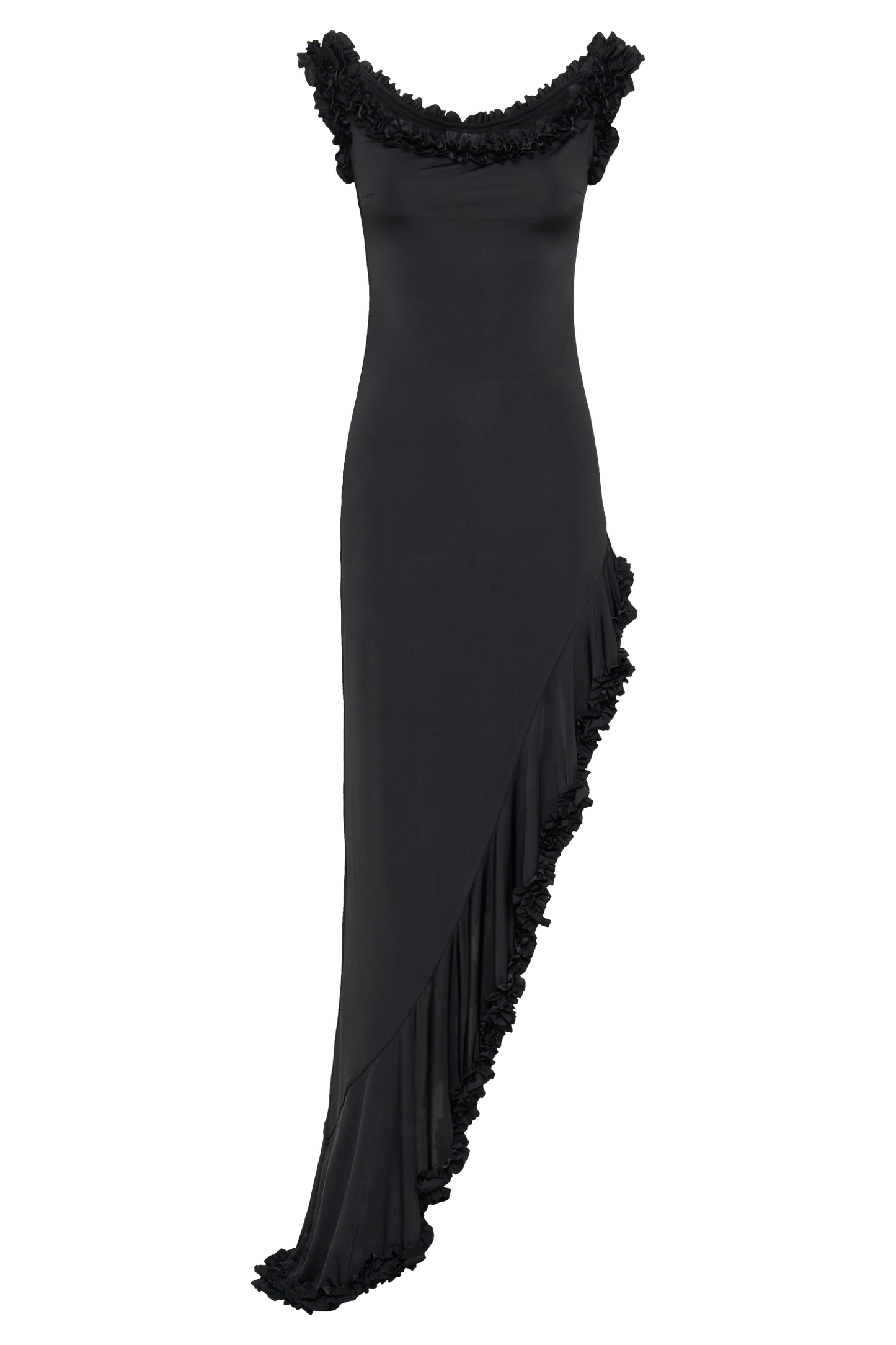 ROF Arielle Düşük Omuz Fırfırlı Midi Elbise - Siyah