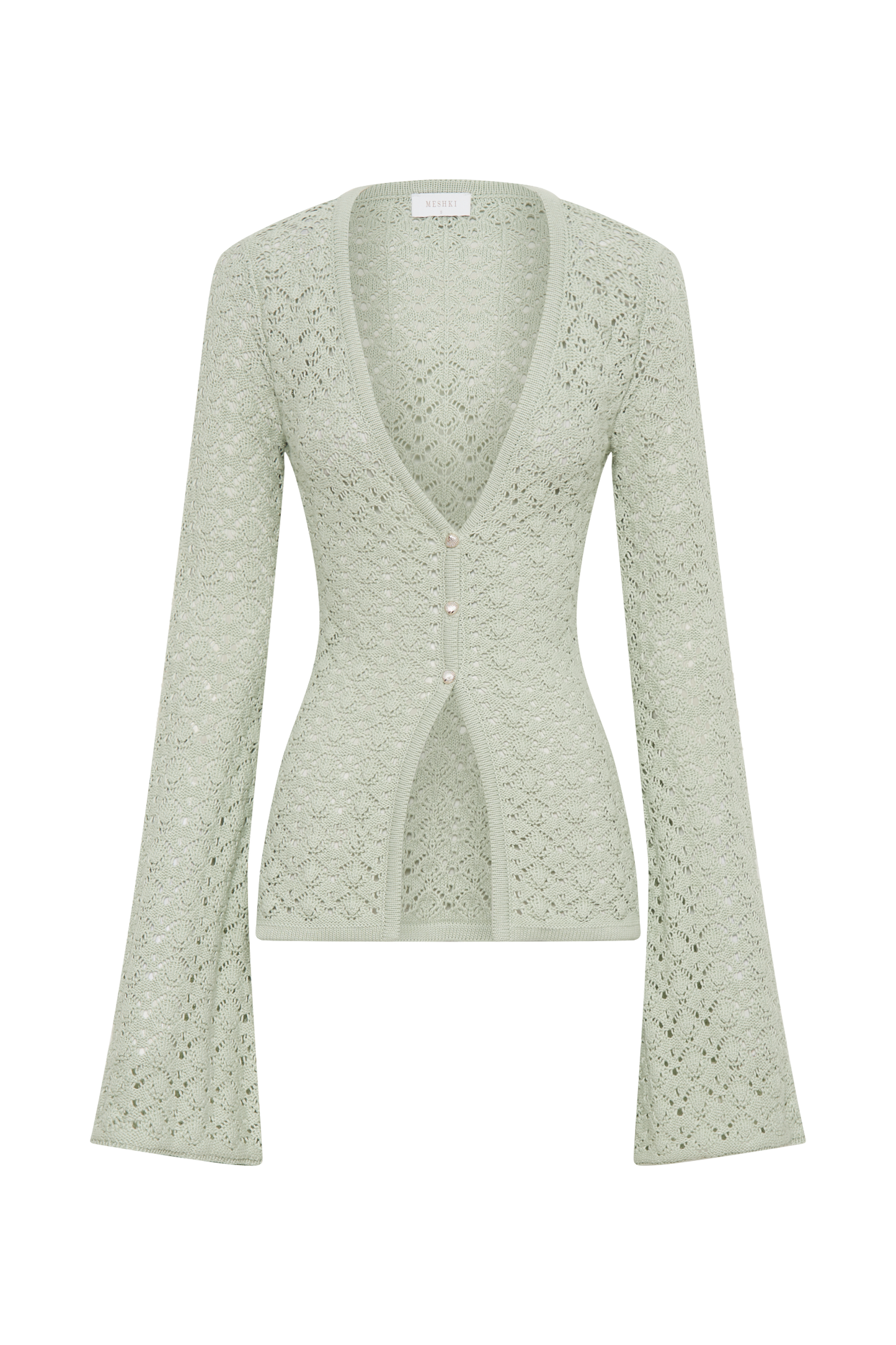 ROF Murphy Uzun Kollu Örgü Deniz Kabuğu Düğmeli Hırka - Pastel Yeşil