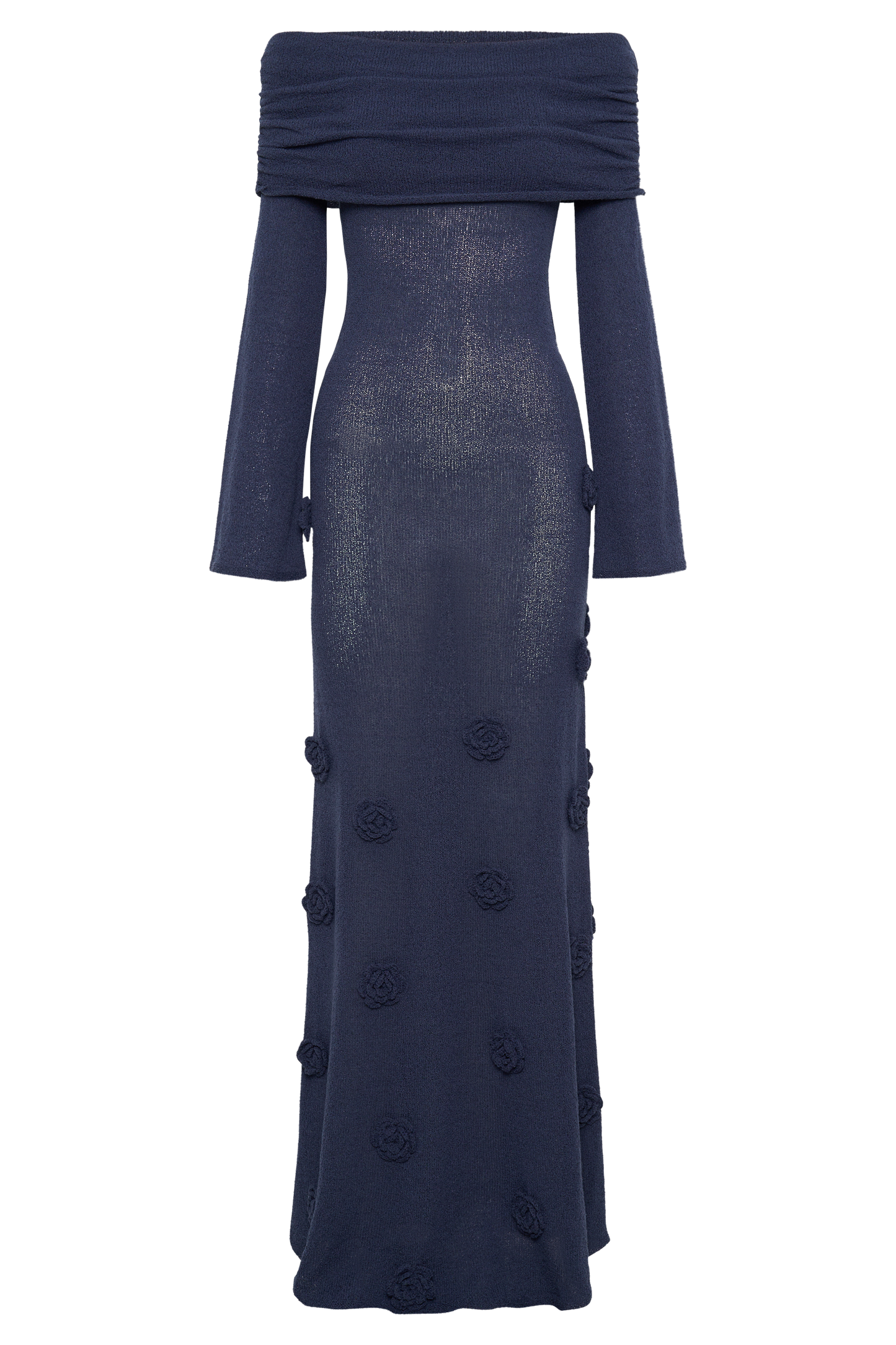 ROF Kiki Düşük Omuzlu Örgü Gül Uzun Elbise - Lacivert